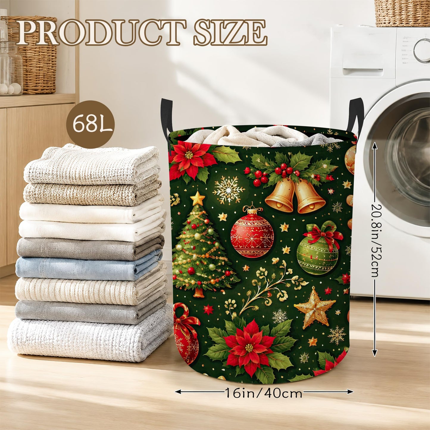 Christmas Tree Laundry Basket, Foldable Oxford Cloth Candy Gingerbread Man Laundry Hamper with Handles, Tote Bag Clothes Storage Bucket for Laundry Room/Bathroom/Bedroom/Dormitories 20.8"x16"