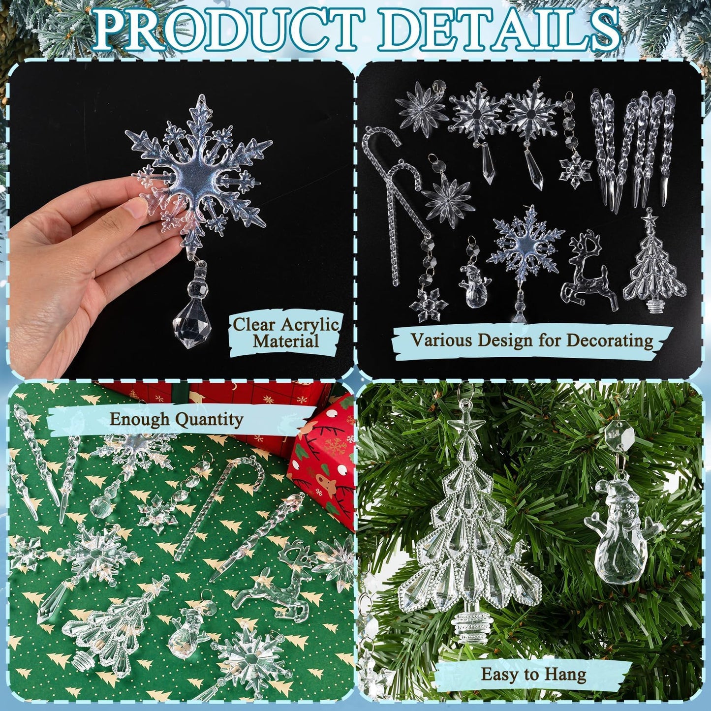 Crystal Christmas Tree Ornaments Snowflakes Decorations, 18Pcs Clear Acrylic Snowflake Hanging Ornaments with Icicle Drop Reindeer for Xmas Tree Winter Holiday Wedding Home Party Decor