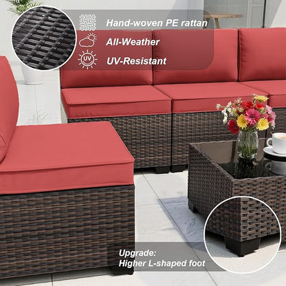 ALAULM 8 Pieces Patio Furniture Set with Propane Fire Pit Table Outdoor Patio Furniture Outdoor Sectional 55000 BTU Gas Fire Pit Brown PE Rattan Patio Conversation Set w/6 Cushions-Red