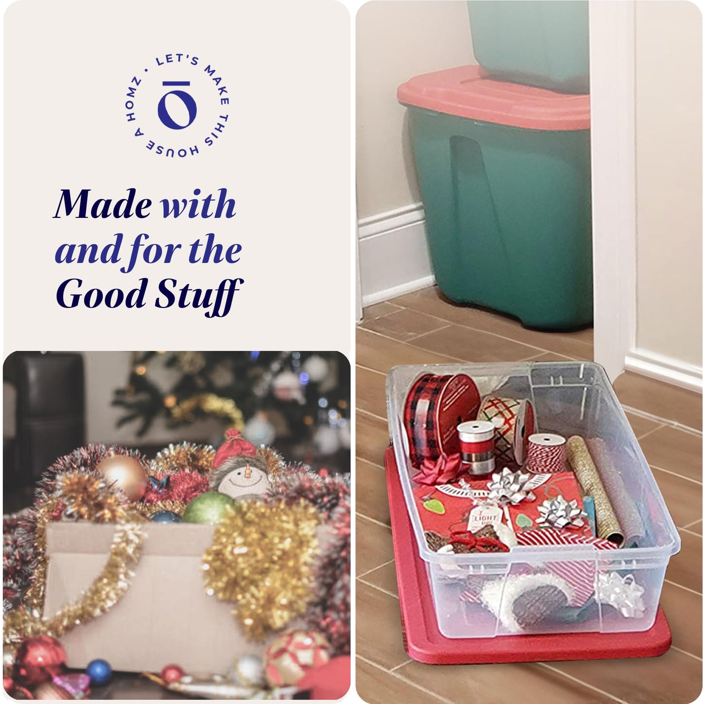 HOMZ 2-Pack Holiday Tote, Clear Plastic Storage Organizer Bins with Lids, 41 Quart, Red - Stackable Organizing Containers for Christmas Ornament Decorations, Gift Wraps, and Crafts