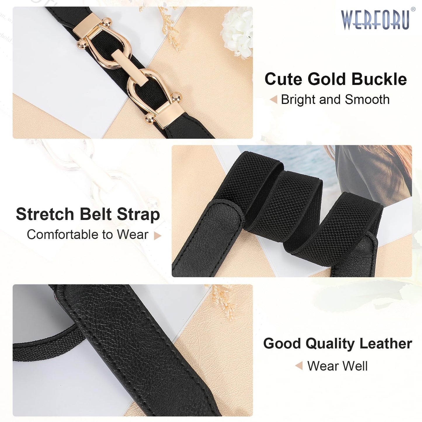 WERFORU Women Skinny Belt for Dresses Retro Stretch Waist Belt with Gold Buckle Set of 4,Black+Brown+White+Beige