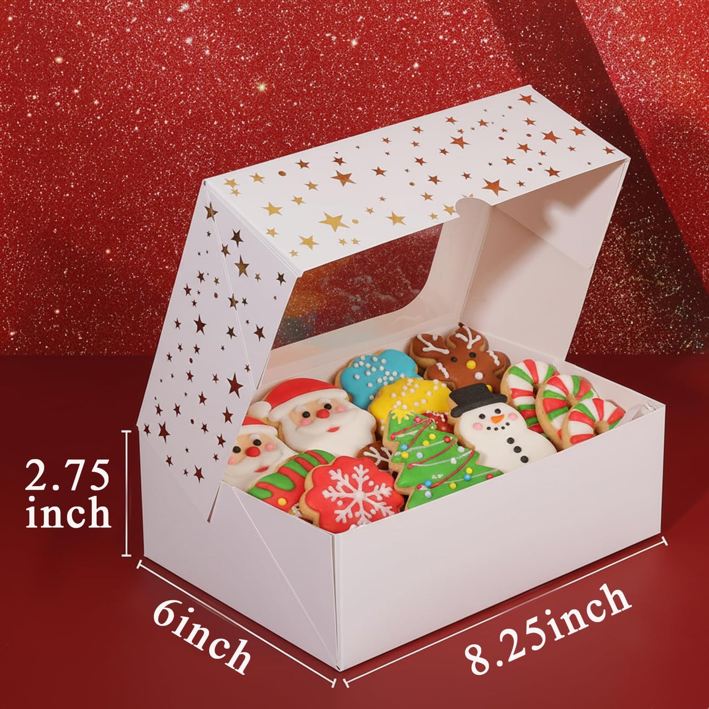 YEKTFS 12pcs Cookie Boxes with Window, 8.25x6x2.75in White Treat Boxes with Window Gold Foil Star Bakery Cake Boxes for Christmas Gift Giving Pastry Dessert Cupcakes Candy Donut Packaging
