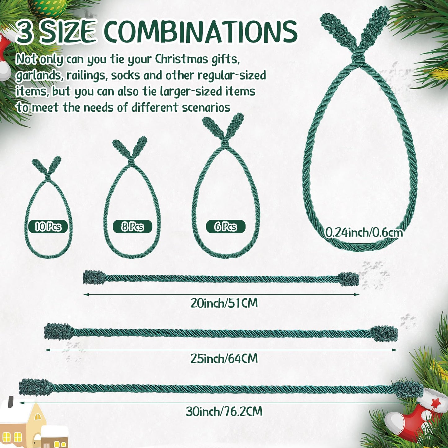 Zhengmy 24 Pcs Christmas Garland Ties Extra Long 30'' 25'' 20'' Green Decorative Twist Tie for Banister Reusable Flexible Twist Tie for Garland Stairway Railing Home Xmas Holiday Decor