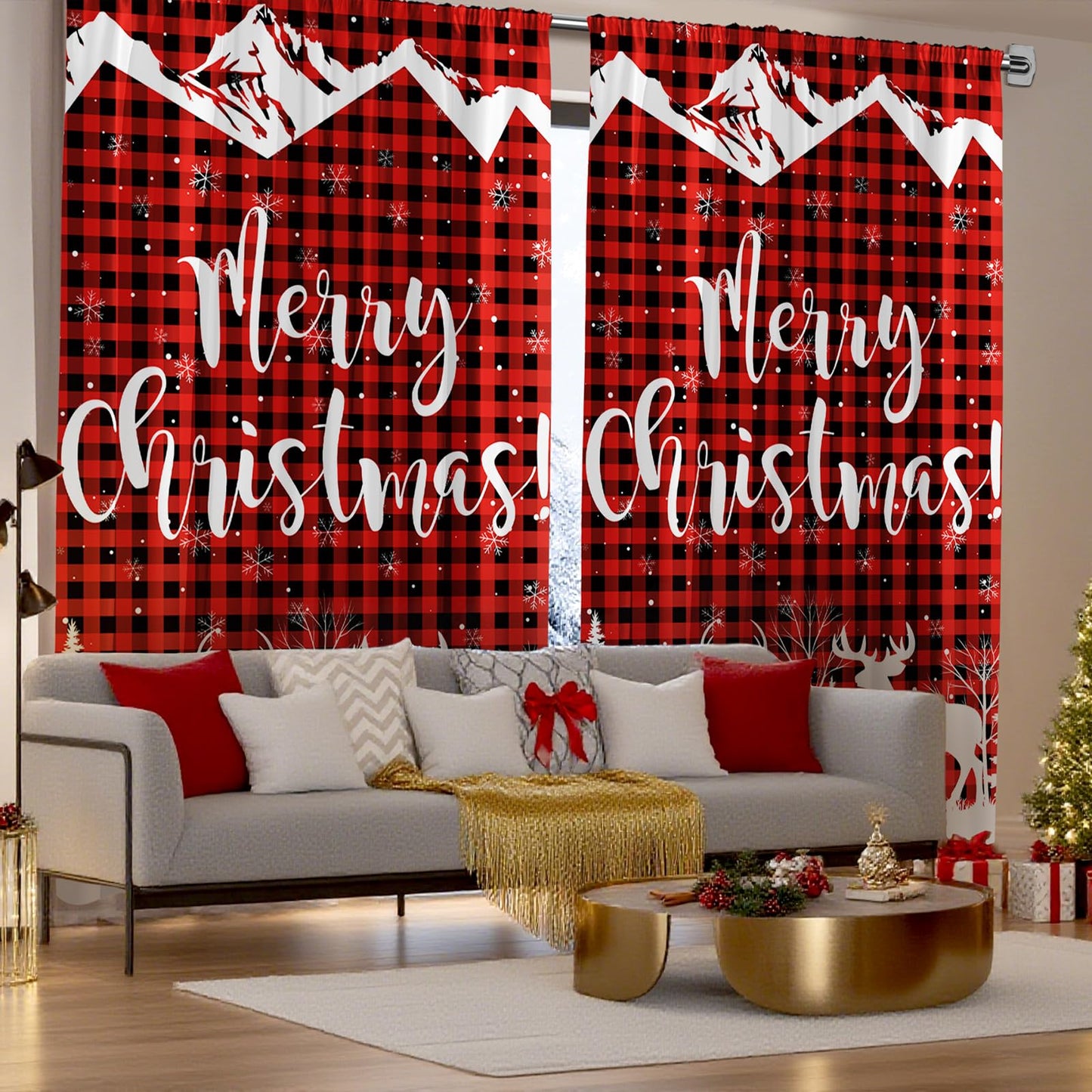 Fanfanwin Christmas Curtains 52" w x 84" l Black and Red Buffalo Christmas Tree Reindeer Window Curtain Farmhouse Xmas Window Drapes for Living Room Bathroom Home Decoration