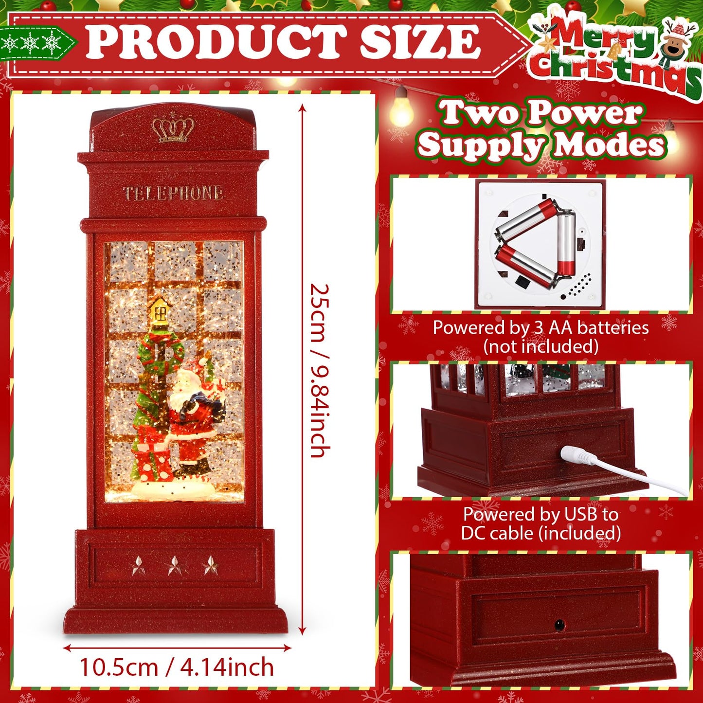 Riakrum 2 Pcs Christmas Snow Globe Lantern Phone Booth 9.8 Inch Battery or USB Operated Red Glitter Musical Singing and Lighted Water Night Light Centerpiece for Xmas Party Decoration