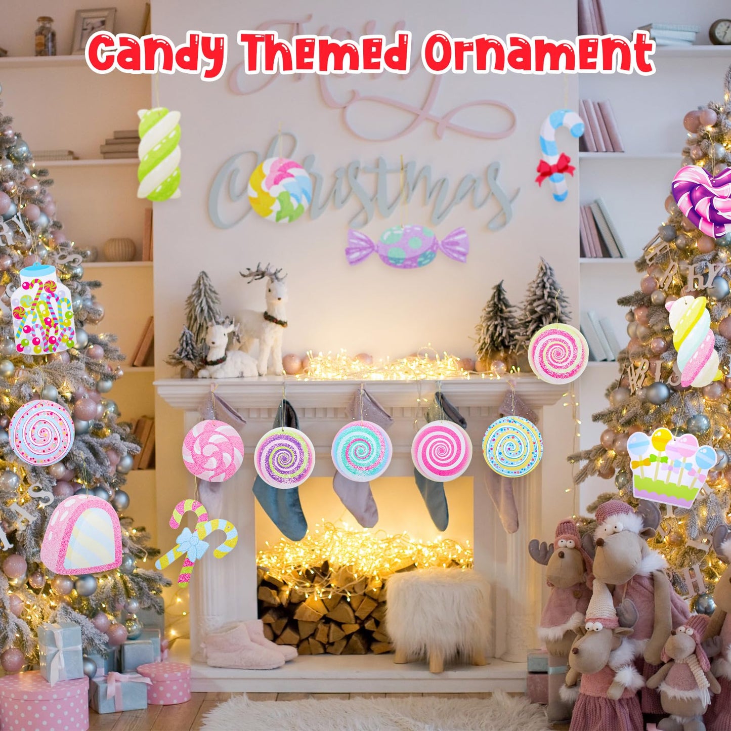 Chunful 25 Pcs Large Pastel Christmas Candy Cane Ornaments Christmas Tree Hanging Decorations Double-Sided Candy Peppermint Lollipop Marshmallow Ornaments for Tree Home Indoor Porch Wall Ceiling