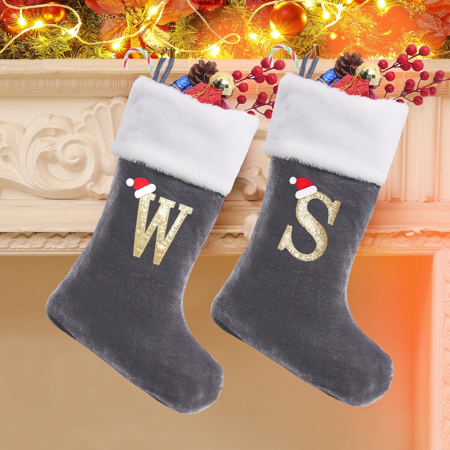 Sailup 20 Inches Monogram Christmas Stockings with Letters, Large Super Soft Christmas Stockings Grey Velvet with White Super Soft Plush Cuff for Christmas Xmas Tree Holiday Fireplace Grey