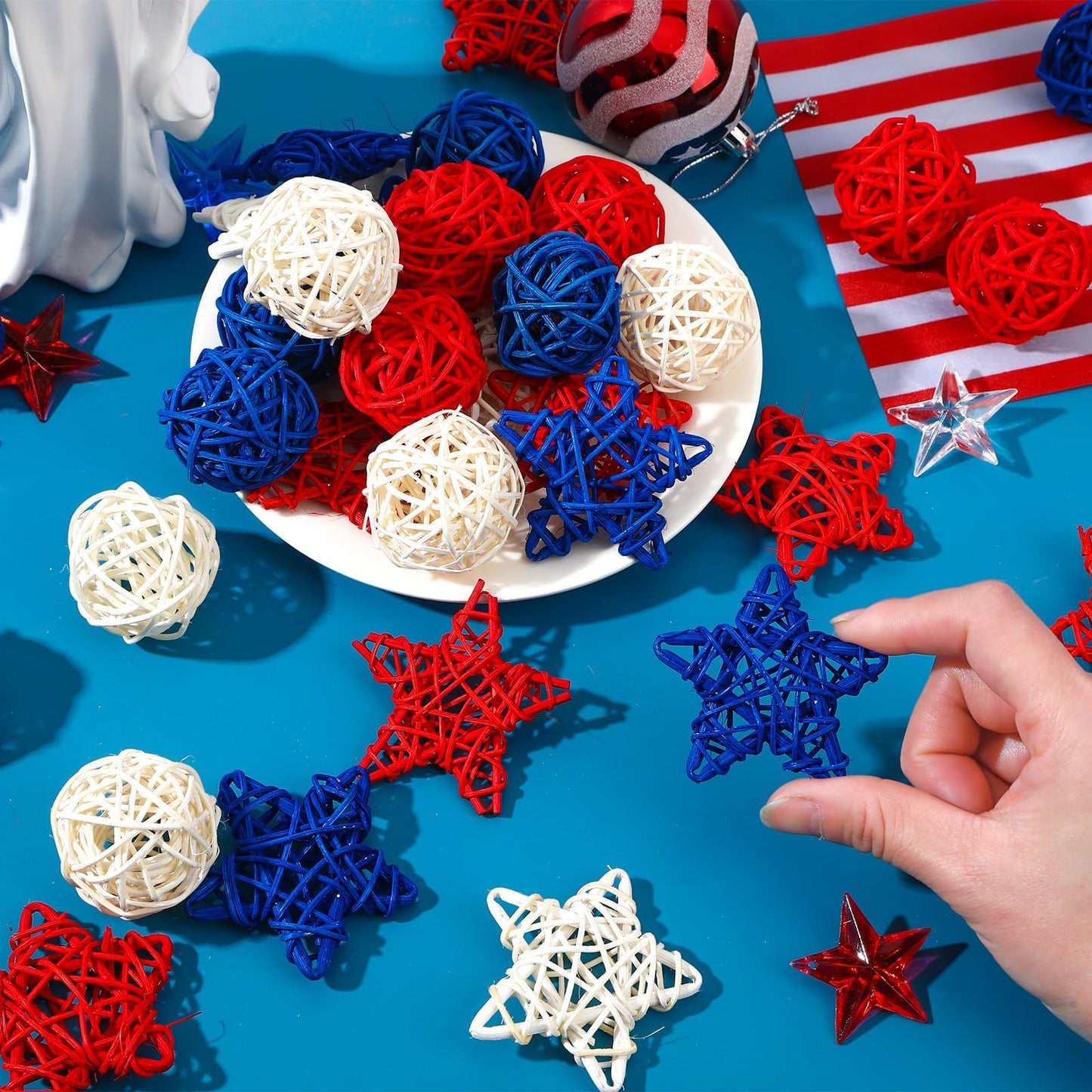 NOVWANG 40 Pcs 4th of July Star Rattan Balls Decoration Centerpieces Red Blue White Wicker Ball for 4th of July Independence Day Patriotic Party Decoration Table Vase Bowl Filler Hanging Decor