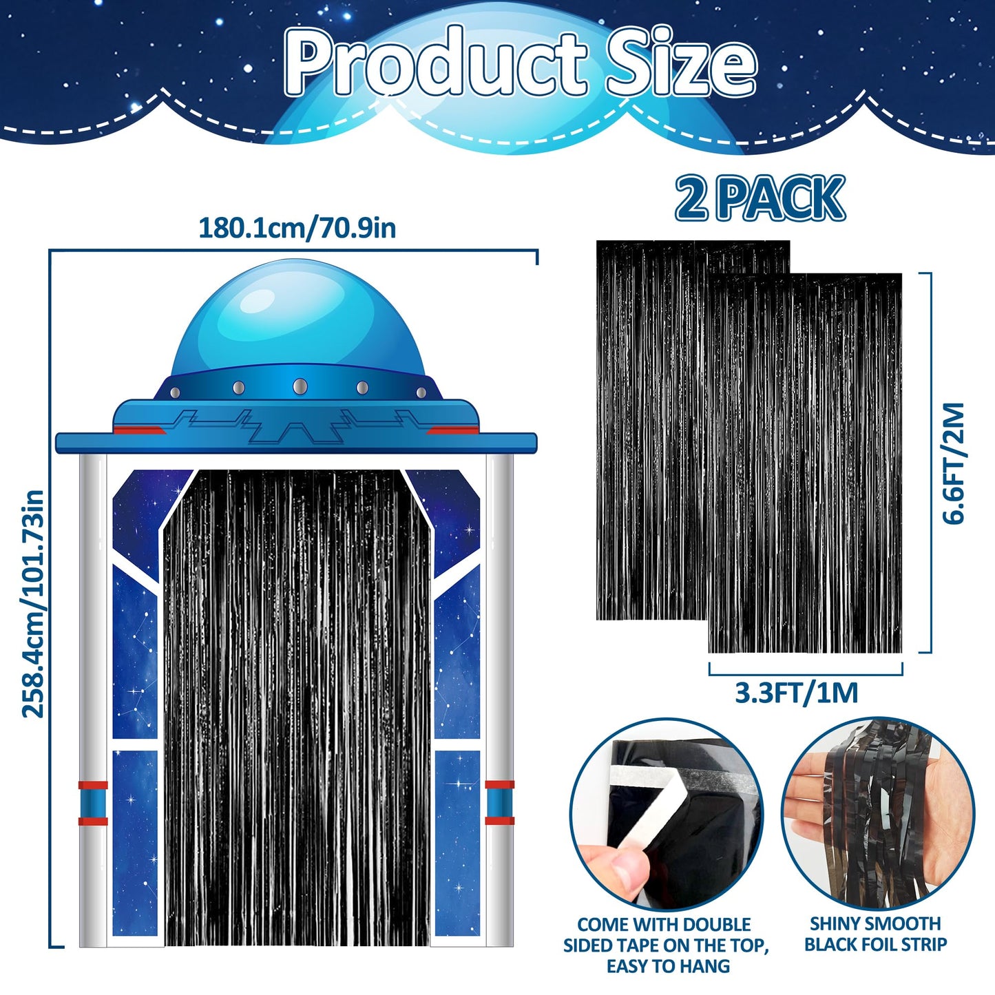 Space Ship Party Porch Banner Outer Space Theme Birthday Door Hanging Backdrop with Foil Fringe Curtains Astronaut Planet Photo Props Rocket Star Background Door Entryway Decor for Classroom Bedroom