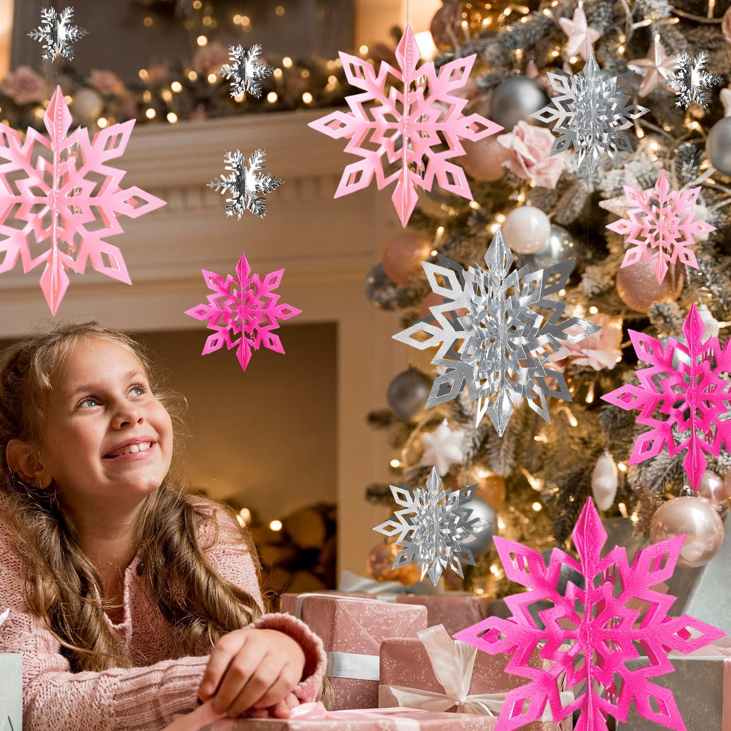 Whaline 30Pcs Christmas Hanging Decorations Large 3D Pink Silver Snowflake Paper Pendant Ornament with String Silver Snowflake Garland for Xmas Winter Wonderland Party Home Ceiling