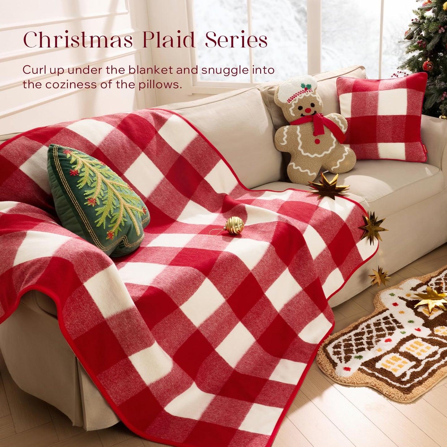 Phantoscope Pack of 2 Christmas Throw Pillow Covers, Premium Faux Wool Buffalo Check Pillow Covers with Locking Edge Xmas Plaid Decorative Pillows for Couch, Red, 18 x 18 inch