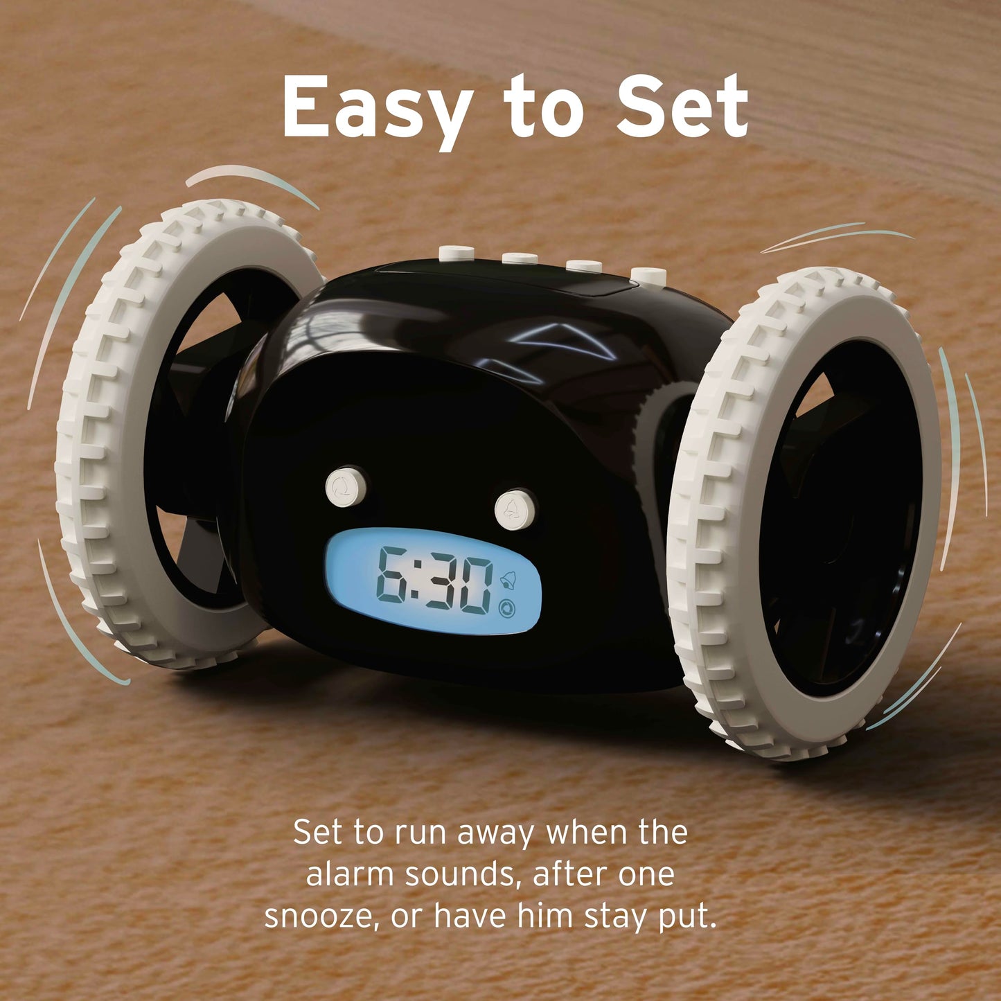 CLOCKY Alarm Clock on Wheels – Loud Rolling Alarm Clock for Heavy Sleepers | Runaway Clock that Jumps & Runs to Wake You Up | Funny Unique Gift for Adults, Teens & Kids Bedrooms (Black)
