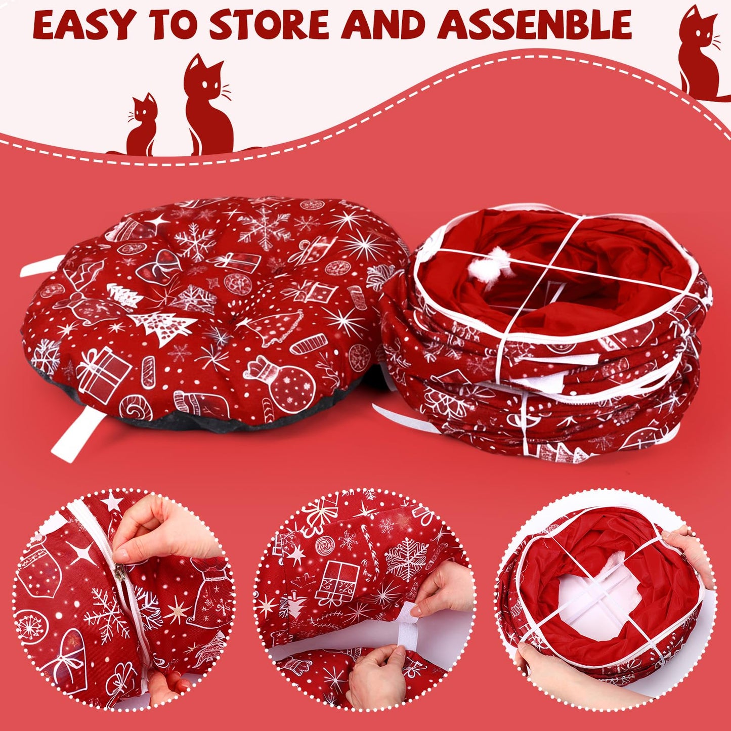 SilTriangle Cat Tunnel Christmas Tree Skirt Cat Donut Tunnel Bed for Indoor Cats with Ball Snowflake Collar Cats Cave for Small Medium Kitten Puppy Under Xmas Trees Decor Gift(Gift Box)