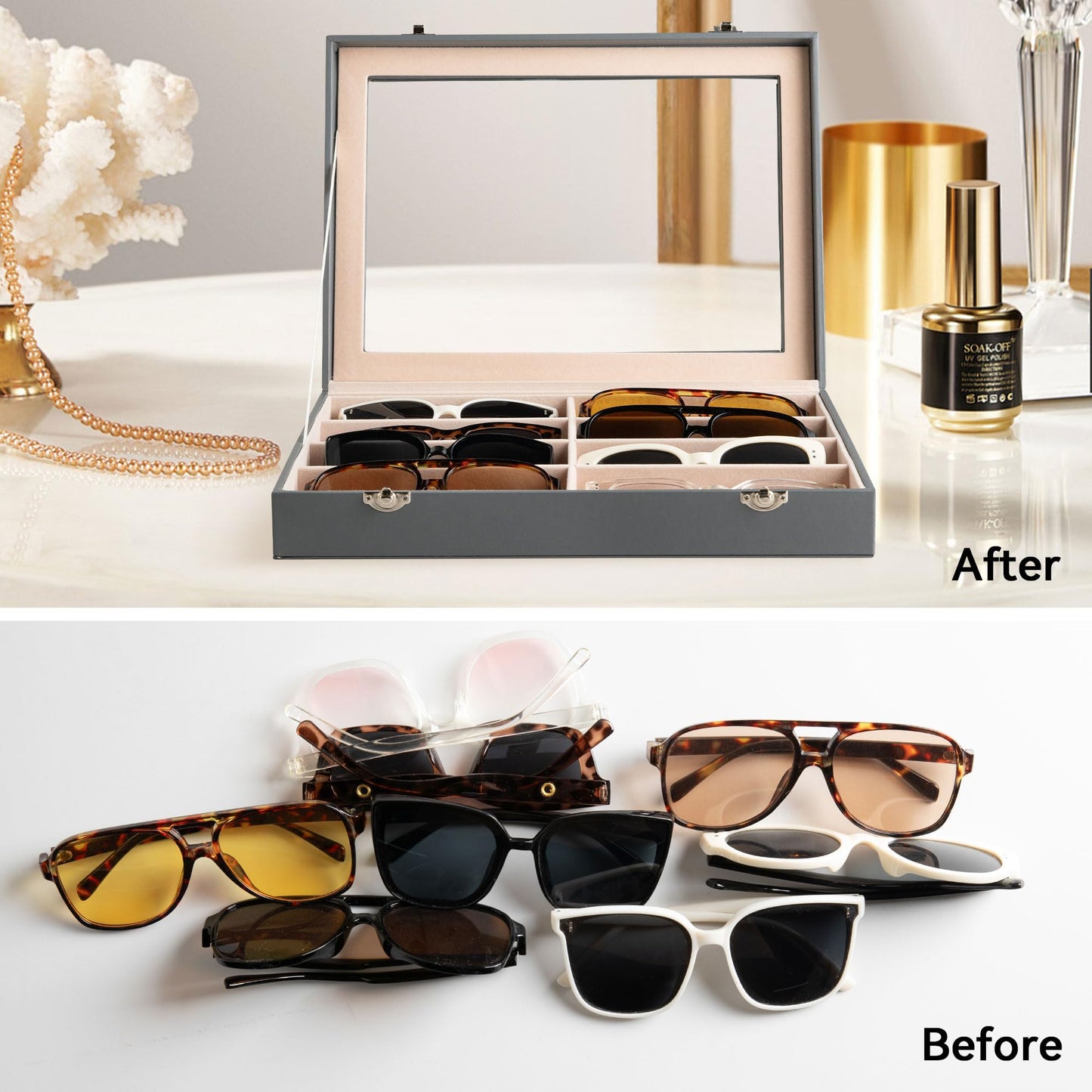 Frebeauty Sunglass Organizer,PU Leather Glasses Organizer,8-Slot Sunglasses Tray with Clear Lid,Men's/Women's Sunglasses Box,Sunglass Case,13.3x9.65x2.48 Inches,Eyeglass/Eyewear Display Tray(Grey)