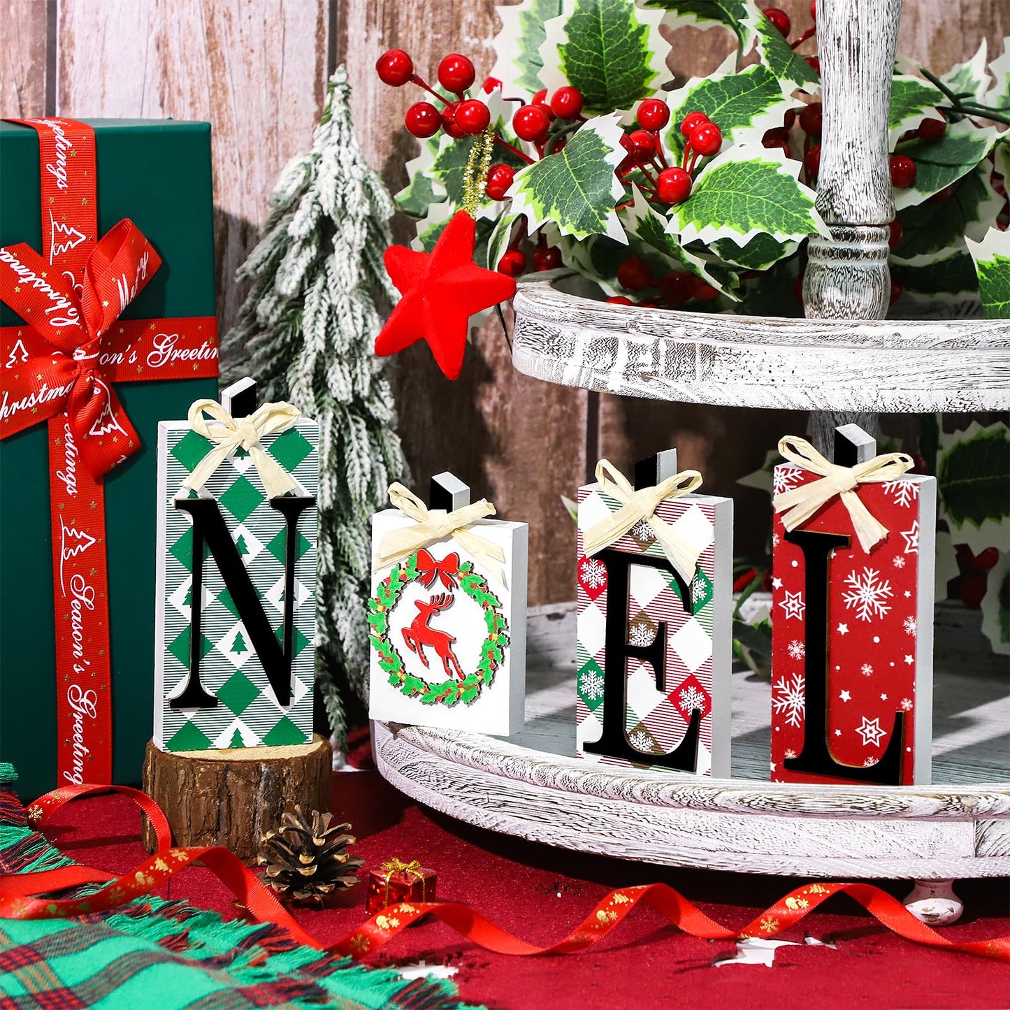Christmas Wooden Noel Decorations,4Pcs Rustic Christmas Table Sign Decor,Letter Freestanding Xmas Centerpiece Table Tiered Tray Sign for Indoor Party New Year Winter Holiday Home Fireplace