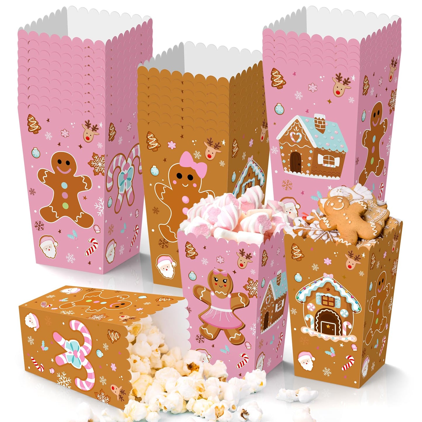 K KUMEED 24 PCS Christmas Popcorn Favor Boxes,Pink and Brown Gingerbread Man Christmas Party Supplies Cute Candy House Popcorn Bowls Popcorn Buckets Popcorn Bags Candy Cookie Container for Kids