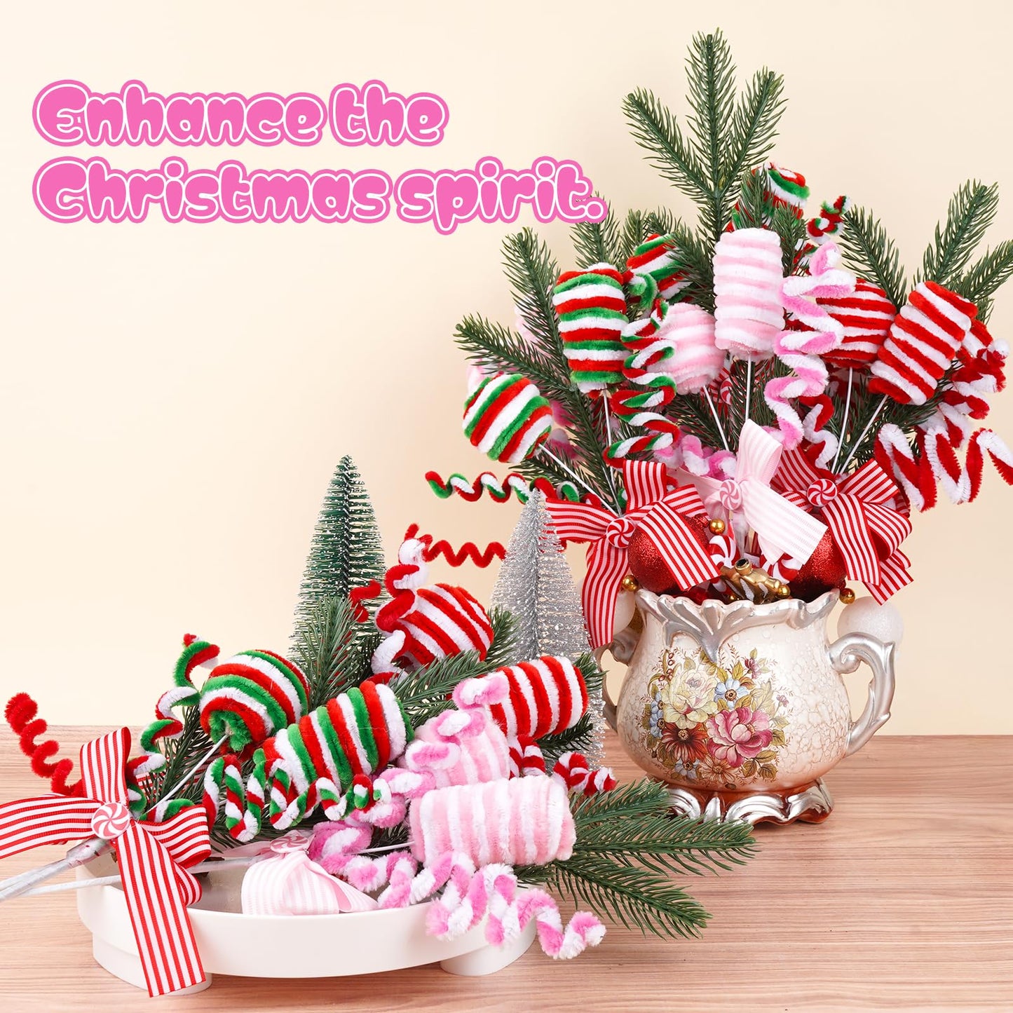 Pastel Candy Cane Christmas Tree Picks Set of 4, Pink Peppermint Ornament Sprays with Bows and Greenery, Christmas Tree Topper Decorations, Candyland Christmas Decor for Tree, Wreath and Garland