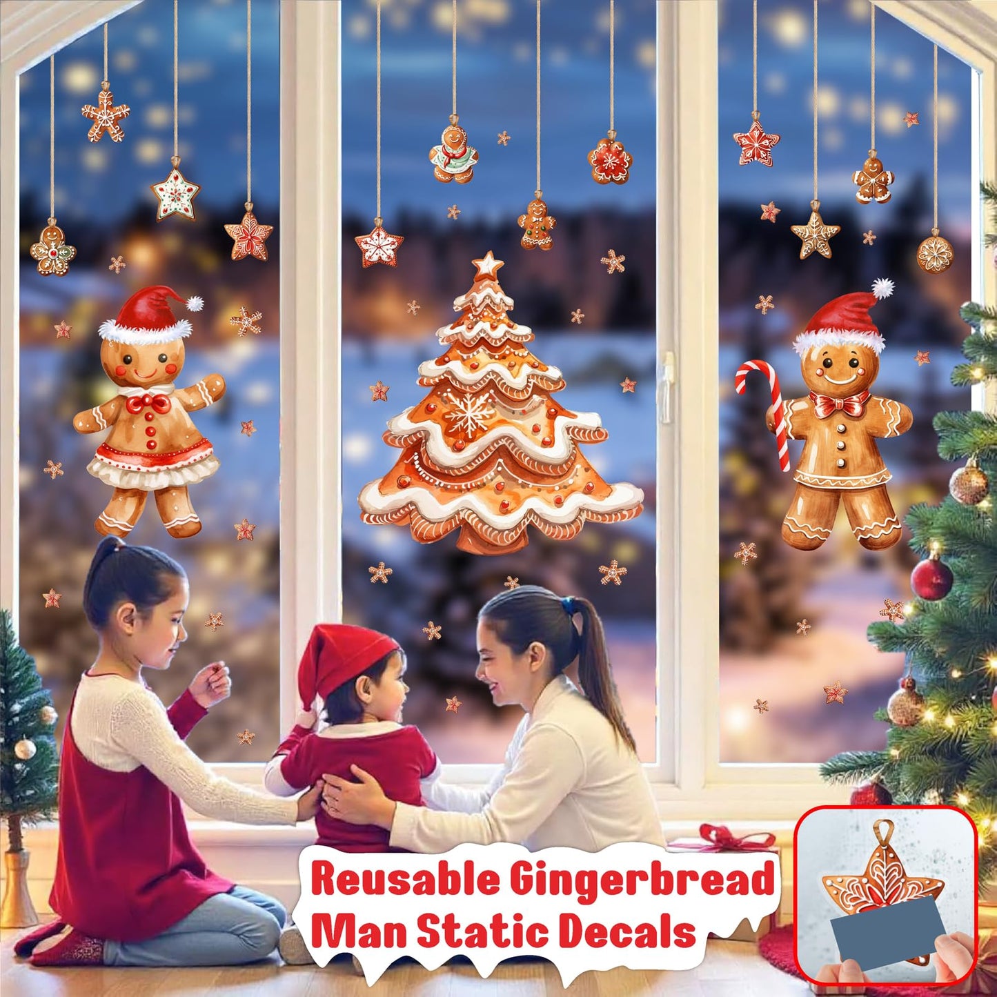 Christmas Window Decoration Clings Gingerbread Decals for Glass Double-Side Xmas Tree Holiday Window Decal Reusable Removable Snowflake Static Cling for Indoor Home Office Display Winter Decoration