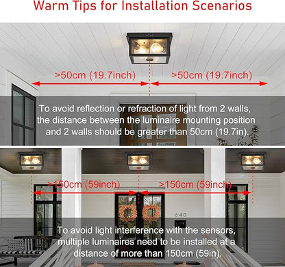 Adjustable Motion Sensor Ceiling Light Fixture Outdoor Modern Design of Squares Flush Mount 2-Light Textured Black with Clear Glass for Your Porch,Garage,Patio,Hallway,Front and Back Yards