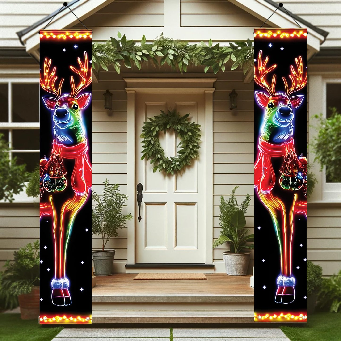Saoplasa 2PCS Christmas Porch Banners 71 x 12 Inch Neon Reindeer Holiday Door Decorations LED Style Lighted Outdoor Hanging Signs for Xmas Party Front Entryway Yard Wall Festive Winter Welcome Display