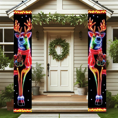 Saoplasa 2PCS Christmas Porch Banners 71 x 12 Inch Neon Reindeer Holiday Door Decorations LED Style Lighted Outdoor Hanging Signs for Xmas Party Front Entryway Yard Wall Festive Winter Welcome Display