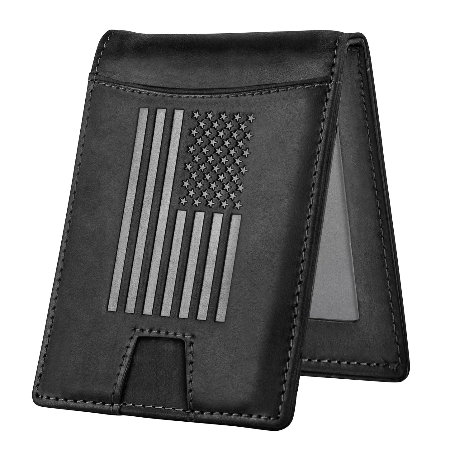 Military Veteran Products - Black Crazy Horse Leather Bi-Fold Card Holder with Money Clip Black American Flag Wallet