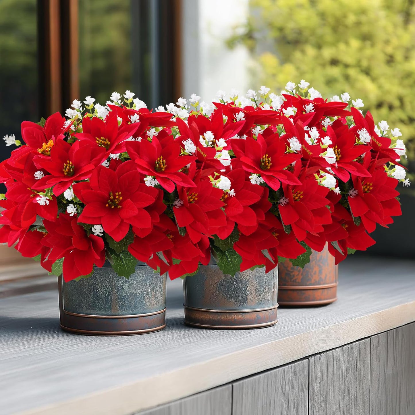 MATBAR Christmas Artificial Flowers for Outdoors Red Poinsettia Flowers Artificial 12 Bundles Mixed UV Resistant Faux Flowers for Outdoor Planters Garden Porch Patio Home Winter Decor