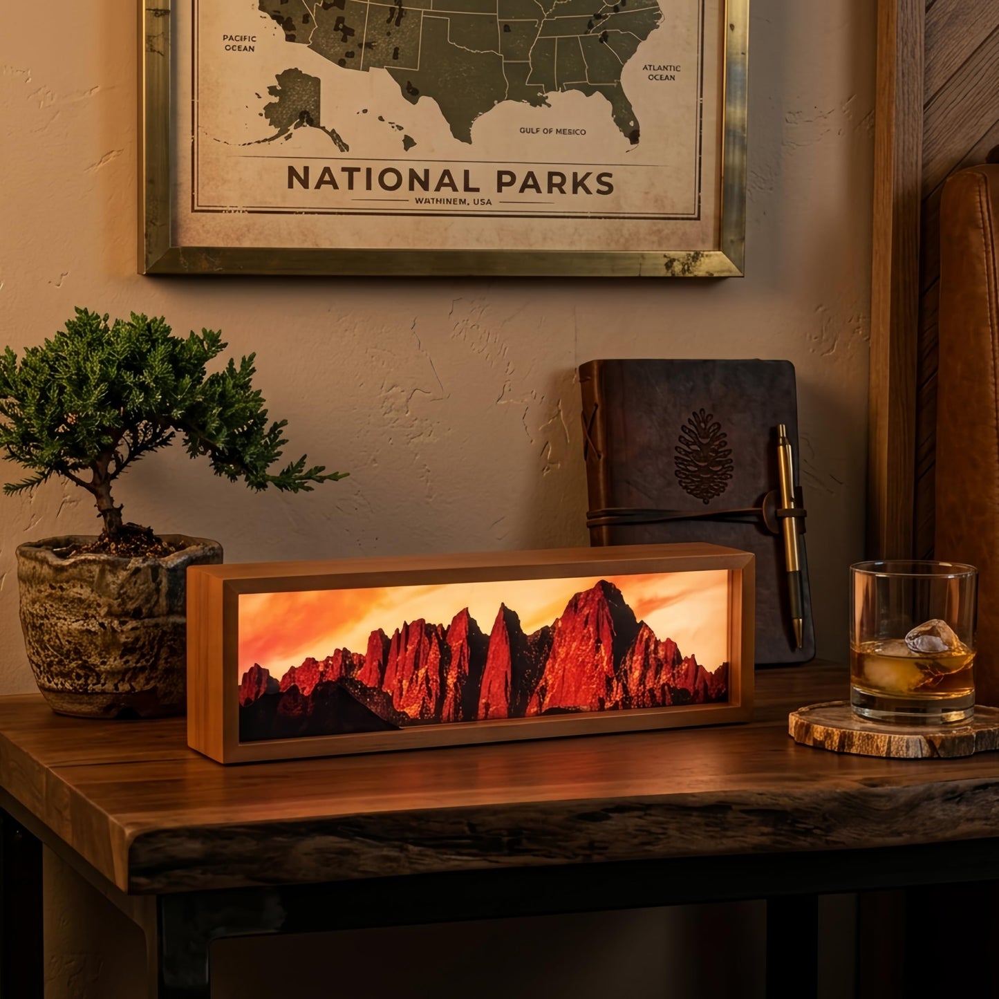 Homsewit Mount Whitney in Sunlight Led Light Box 3 Layers of Acrylic Light Box Handmade Table Lamp for Room Decor Travel Gift (Mount Whitney in Sunlight)