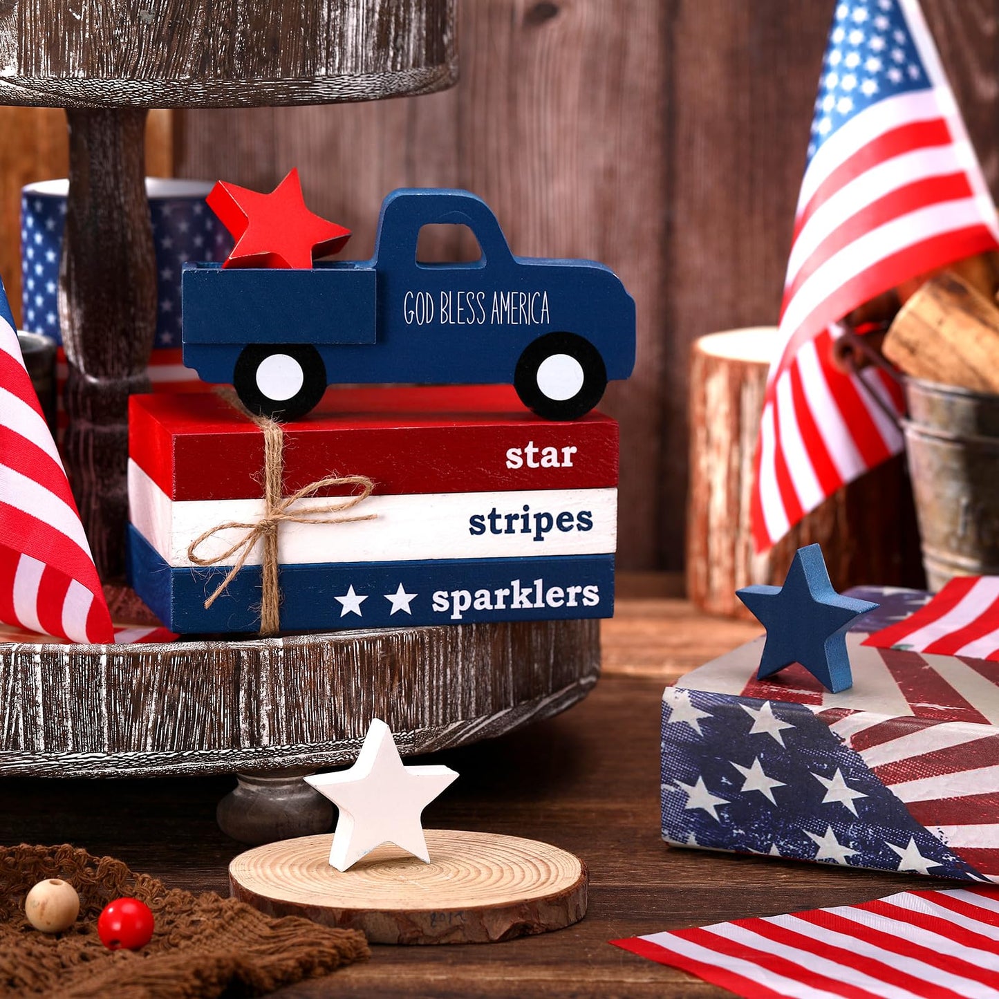 DoubleFill 7 Pcs 4th of July Decoration Patriotic Red White Blue Tiered Tray Decor 250th Anniversary Table Decor Centerpiece American Wood Faux Book Sign for Memorial Veterans Day Rustic Home Shelf