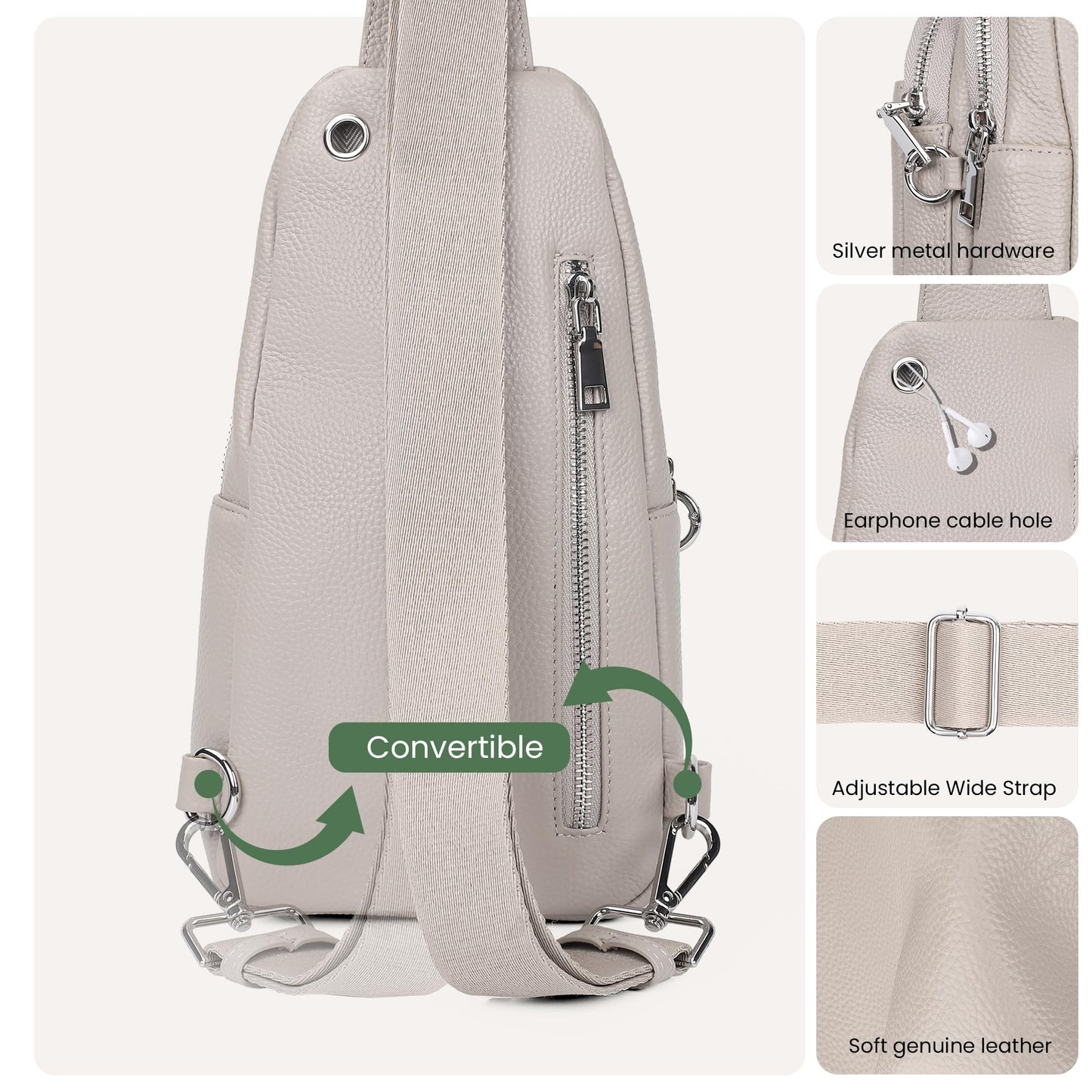 befen Soft Real Leather Small Sling Bag for Women Anti Theft Crossbody Bags Fanny Packs Travel Purses with RFID Blocking Card Slots Beige Grey