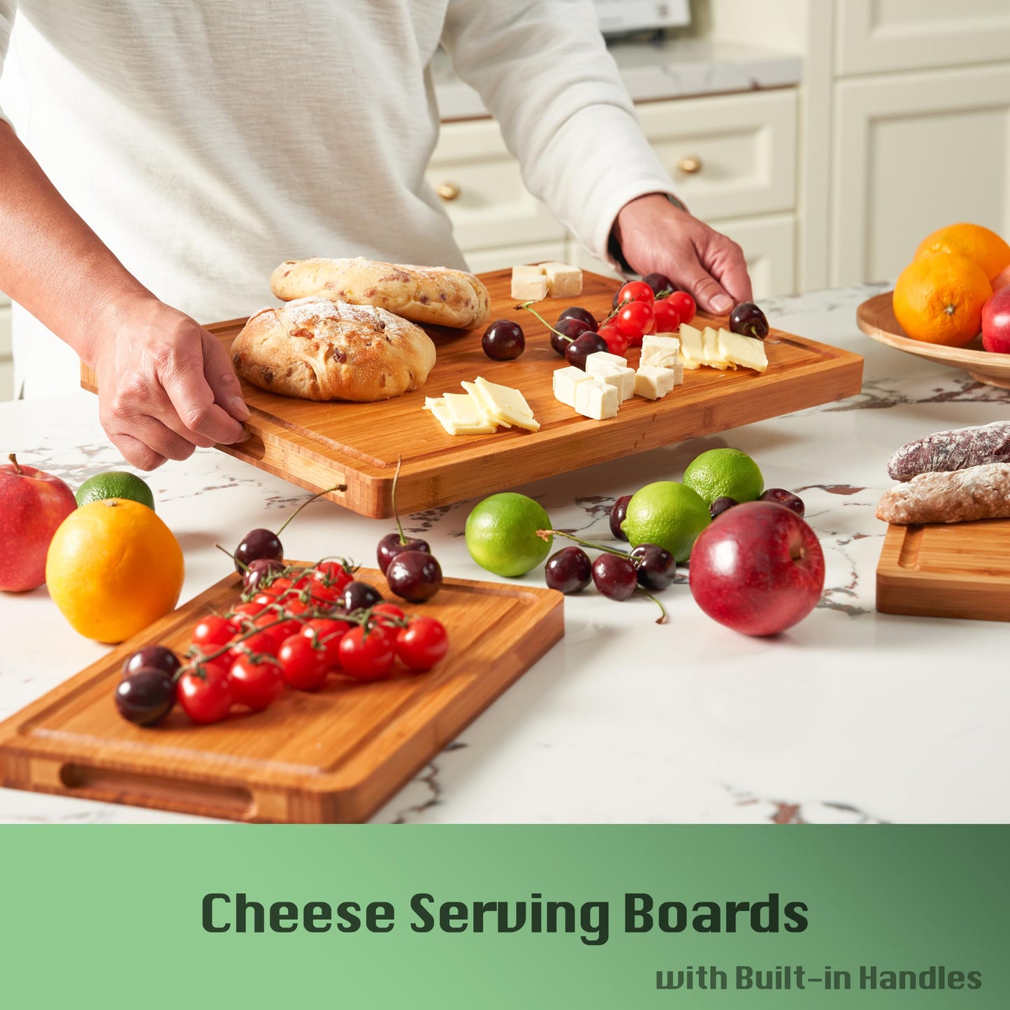 Allsum Bamboo Wood Cutting Board for Kitchen, 1" Thick Butcher Block, Cheese Charcuterie Board, with Side Handles and Juice Grooves, 16x11"