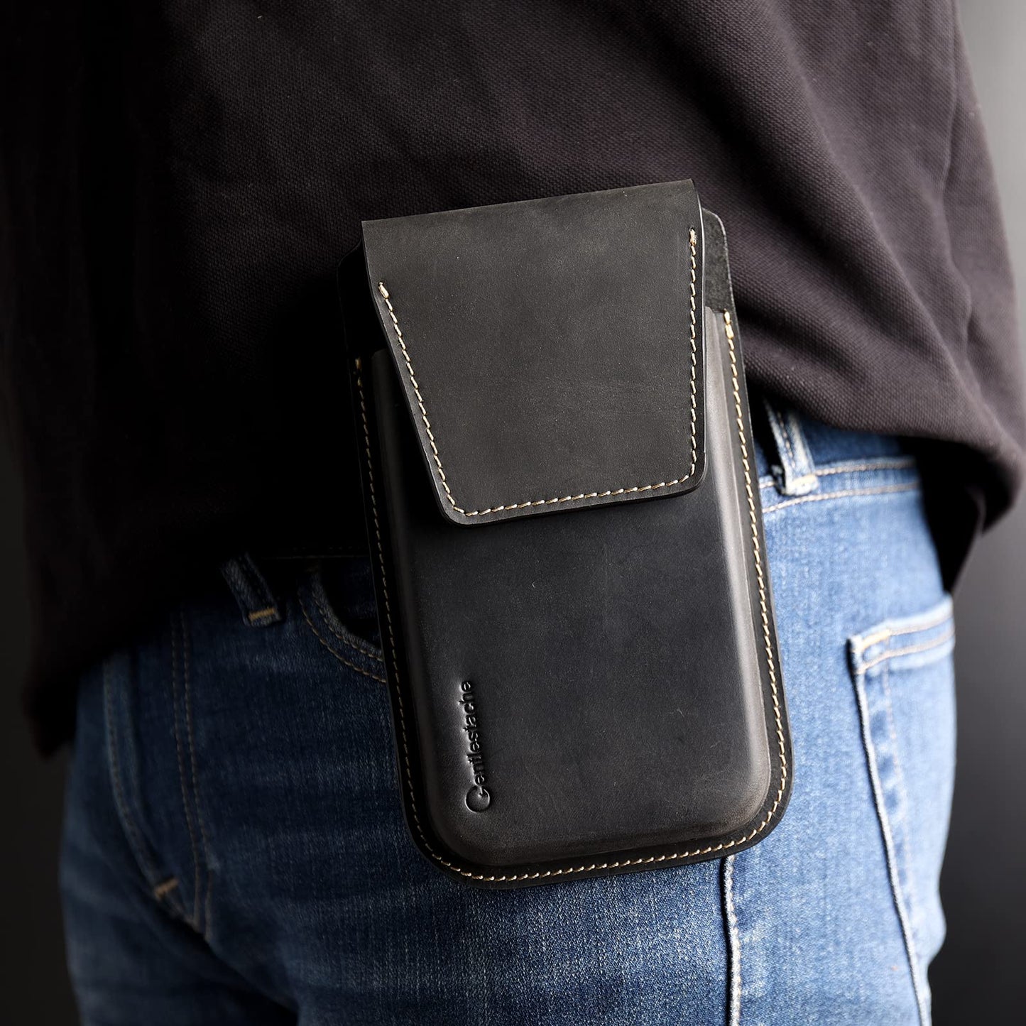Gentlestache Leather Phone Holster for S25 S24 Ultra & Plus - Phone Holster Belt Case for iPhone 17 16 15 14 Pro Max & Plus - Magnetic Closure Belt Clip Leather Holder Pouch, XL, Black