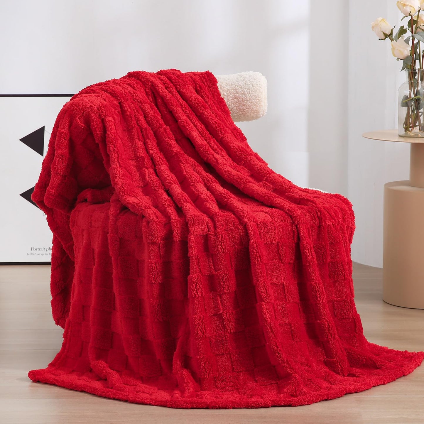 Linecooo Red Fleece Throw Blanket 50”×60”Checkered Design for Couch Sofa