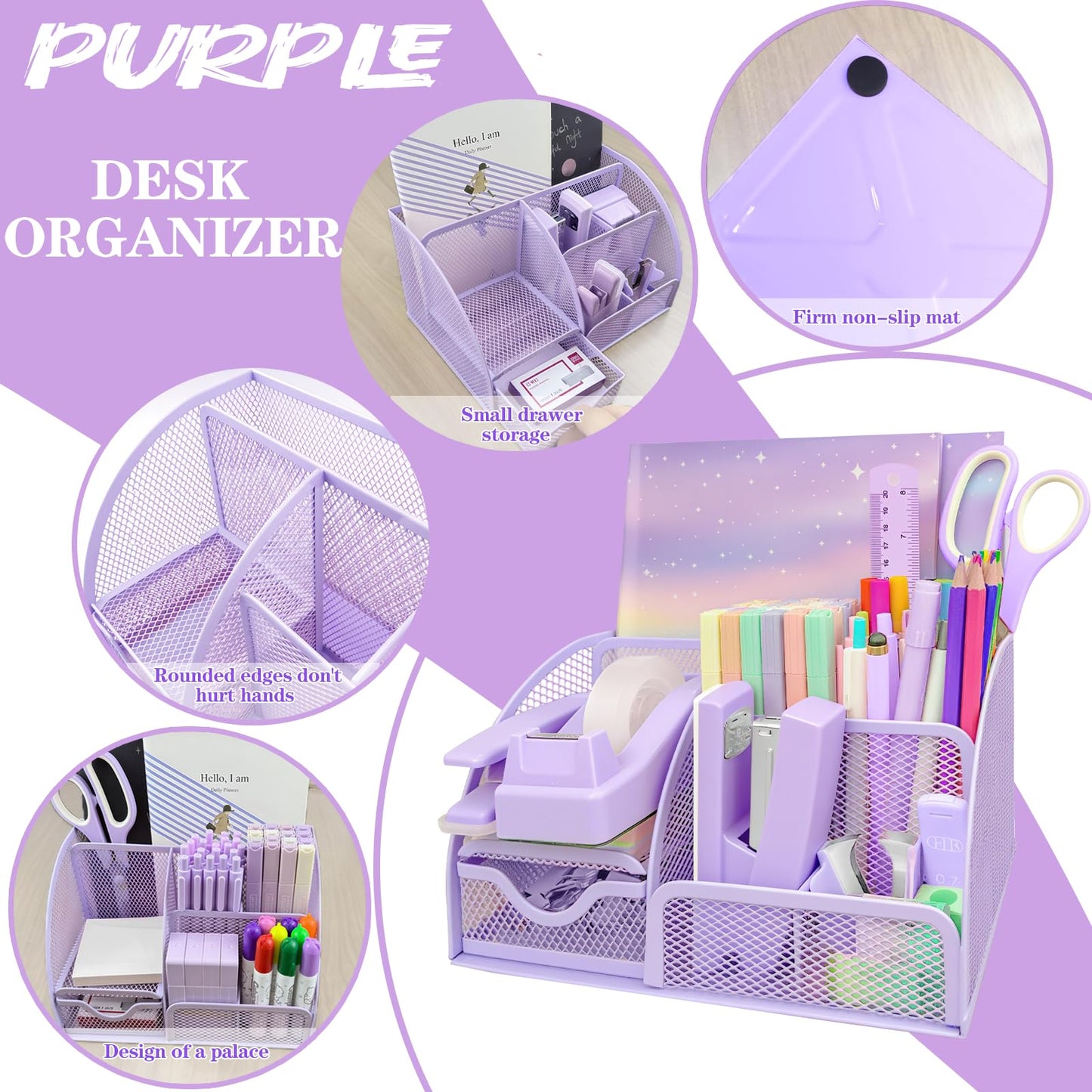 Purple Desk Accessories, 17Pcs Purple Office Supplies Set with Stapler, Mesh Desk Organizer, Tape Dispenser, Staple Remover, Pen Holder, Clips, Pens, Ruler, for Office Home School Women Students Gift