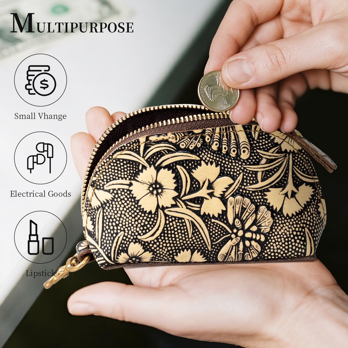 Gexmil Genuine Leather Coin Purse with Zipper, Full Grain Leather, Mini Coin Pouch for Women Men, Change Wallet,Butterfly Grey