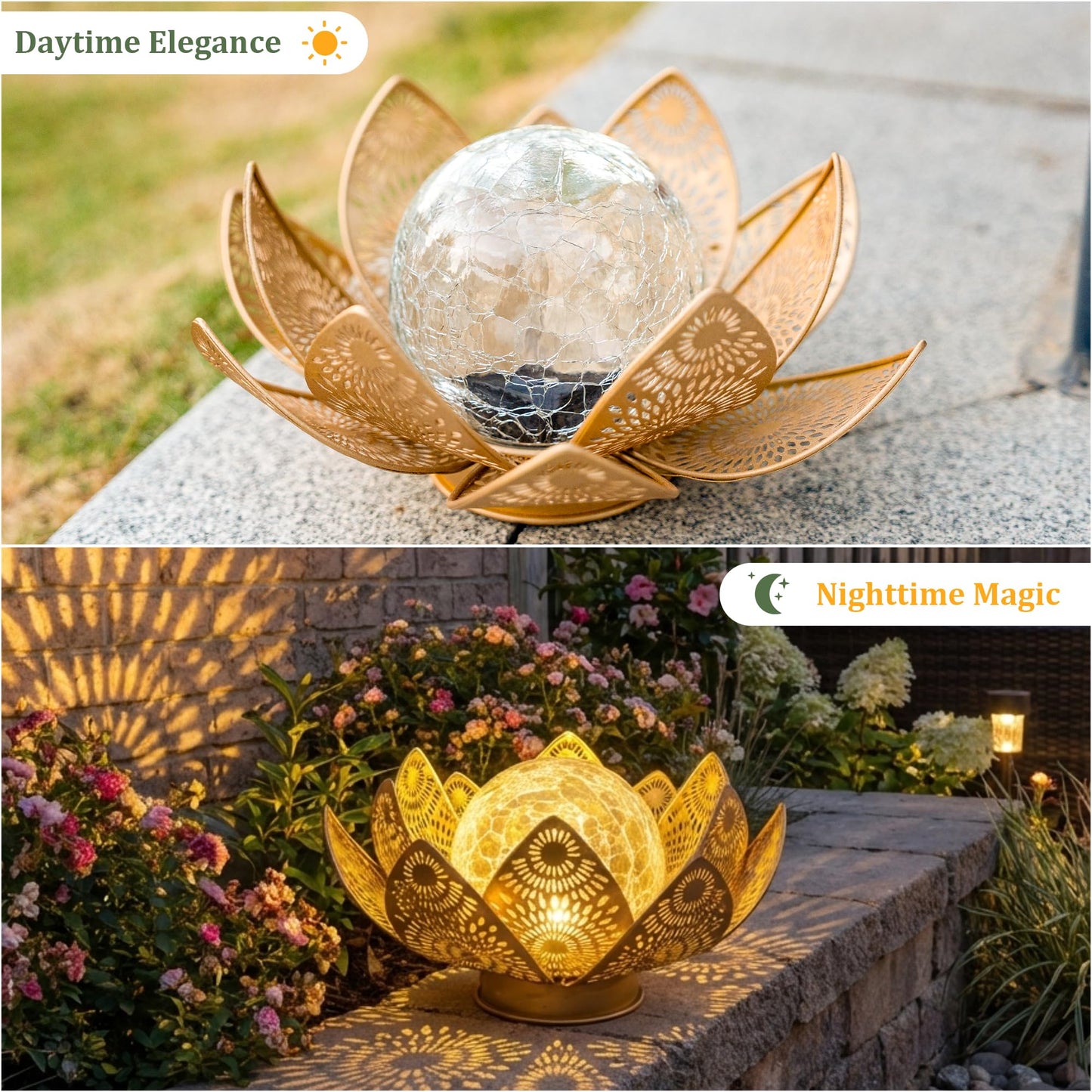 Cubular Solar Lights Outdoor Waterproof IP65 - Lotus Flower Lantern with Crackle Glass & Metal Petals, Garden Decor for Patio, Pathway, Lawn - Auto On/Off Gift for Women, Mom, Housewarming