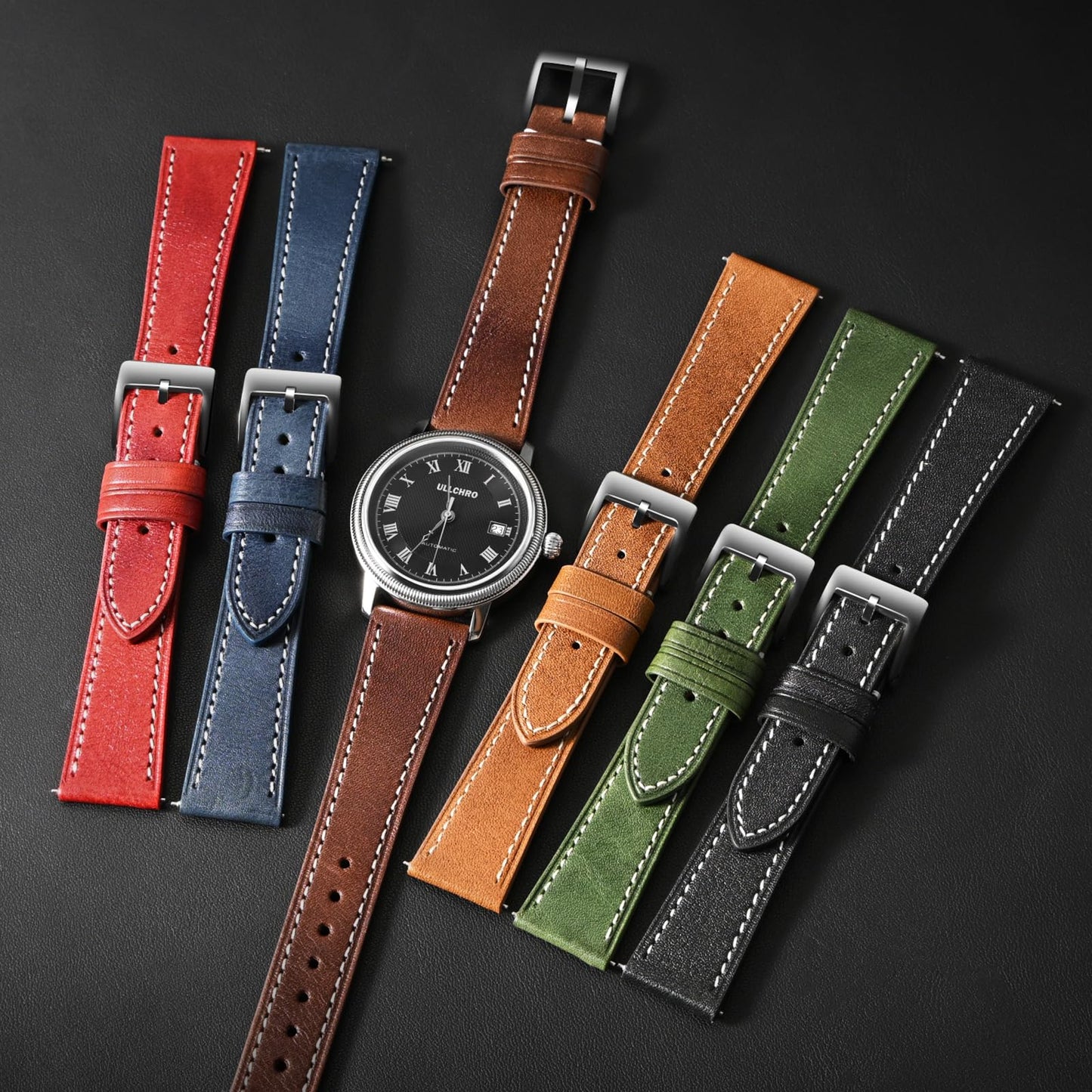 ULLCHRO Leather Watch Straps for Men & Women - Quick Release - Stainless Steel Buckle - Replacement Strap - Band With 17mm, 18mm, 19mm, 20mm, 21mm, 22mm (22mm, Black)