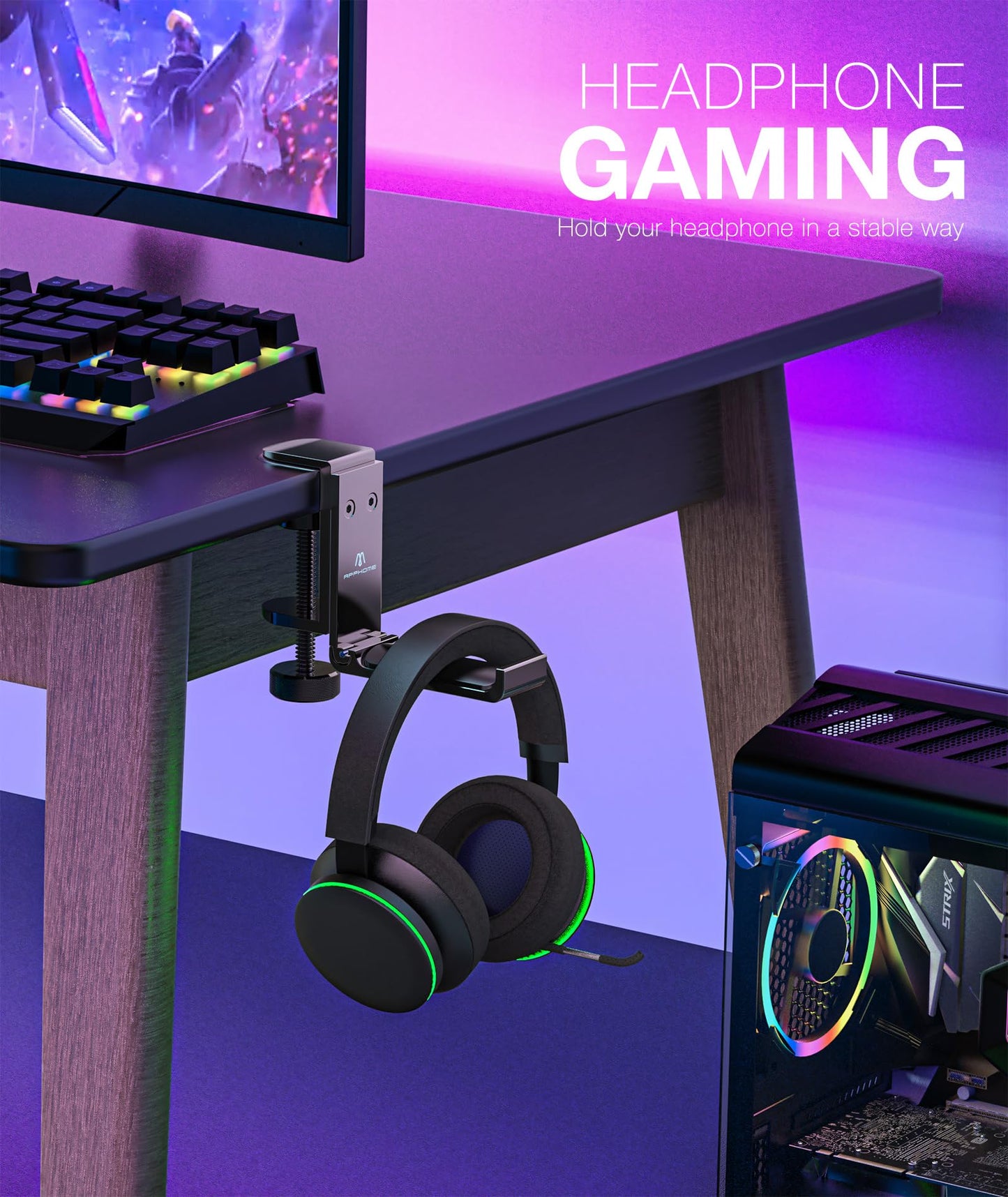 APPHOME Foldable Headphone Stand Hanger Holder, Space-Saving Aluminum Soundbar Stand with Universal Fit for Gaming PC Accessories, Under Desk Clamp Hook Mount (Black-2PC)