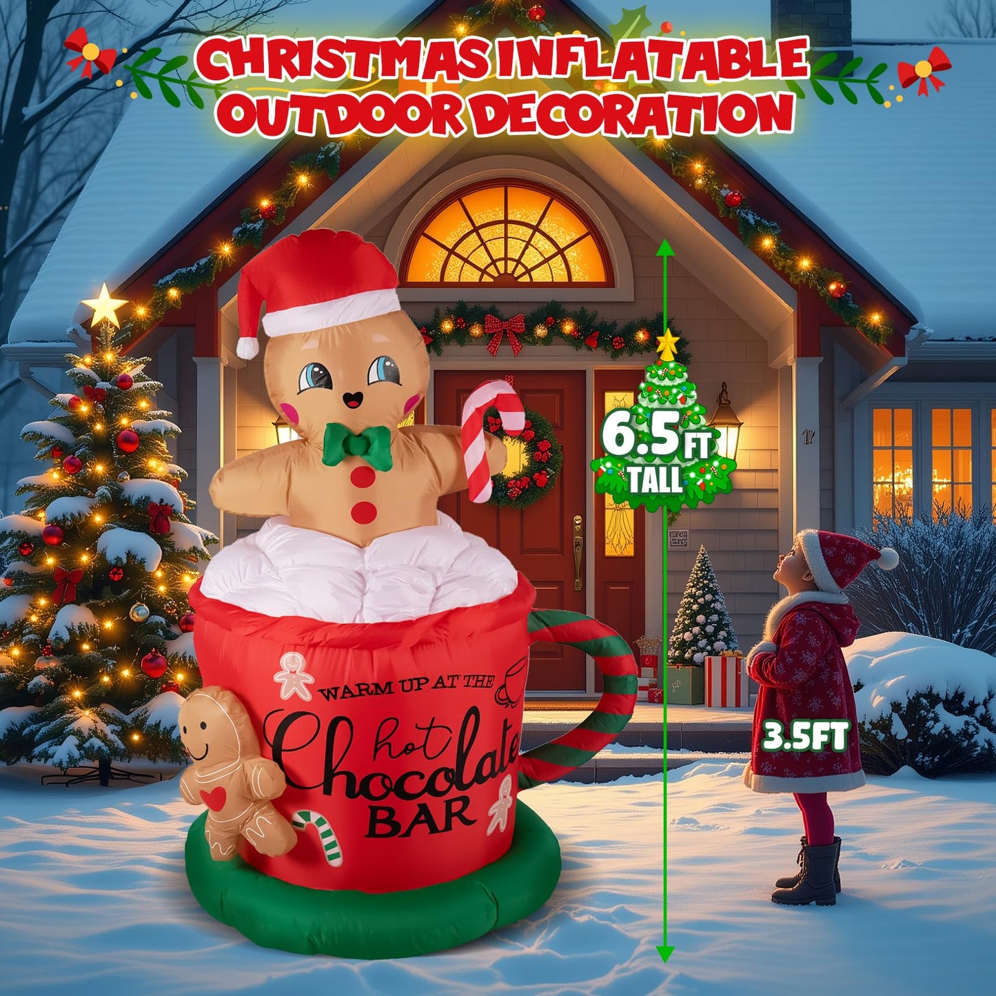 KISSUNY 6.5FT Giant Inflatable Gingerbread Man with LED Lights, All-Weather Outdoor Christmas Decoration, Hot Chocolate Mug Yard Decor