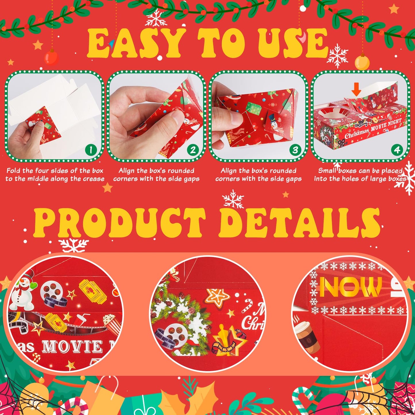 48 Pcs Christmas Party Supplies Movie Night Paper Snack Trays Xmas Party Decorations Christmas Birthday Favors Snowman Family Movie Popcorn&Drink&Candy Box
