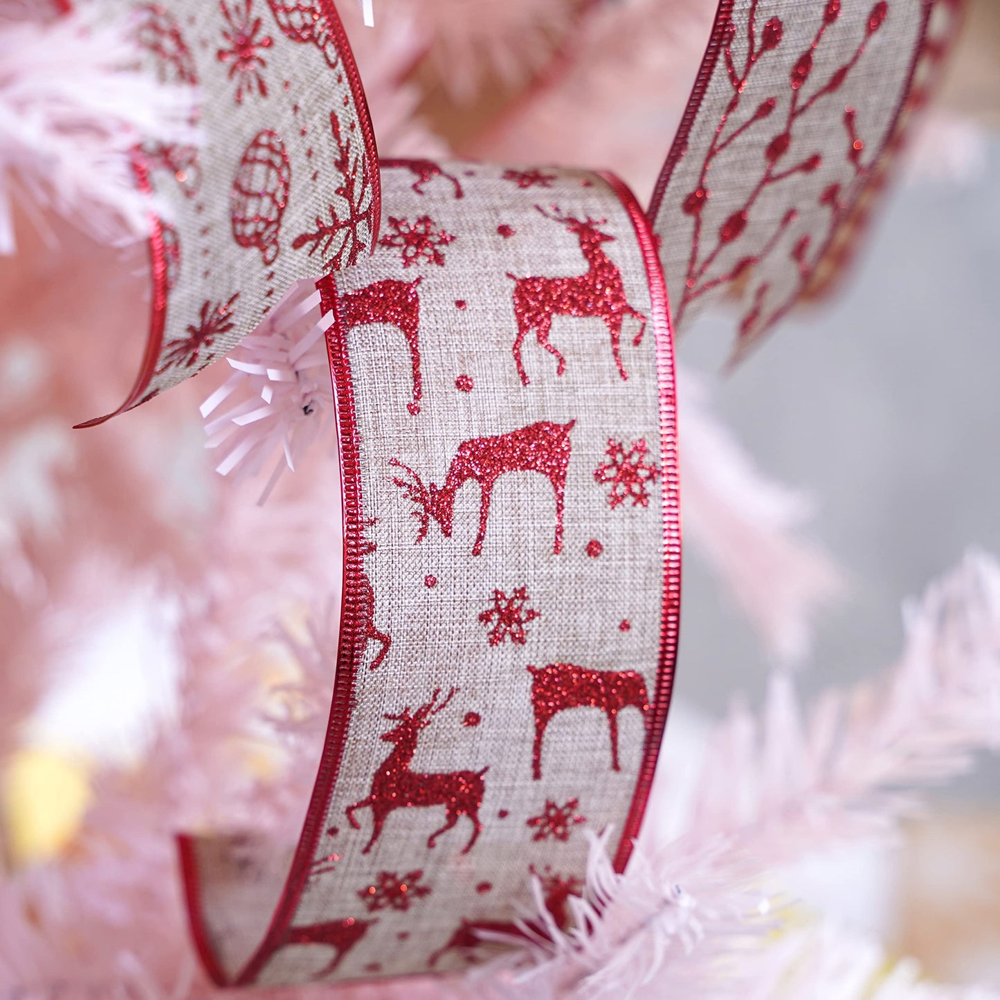 MEEDEE Christmas Ribbon Set 2.5 Inch, 6 Rolls 36 Yards, Wired Burlap and Red Glitter Ribbon for Tree Decorations, Wreath Bows, Garland Decor