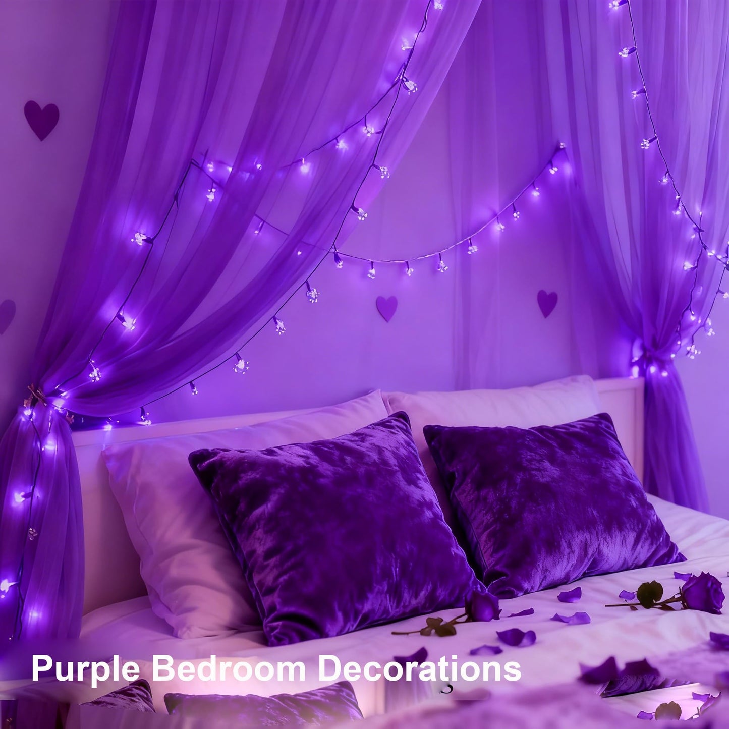 Decorative Connectable 33ft Purple Flower String Lights with 100 LEDs, Memory Function & 8 Modes. Perfect for Bedroom, Christmas, Weddings, Valentine's & Garden Indoor Outdoor Hanging Decorations