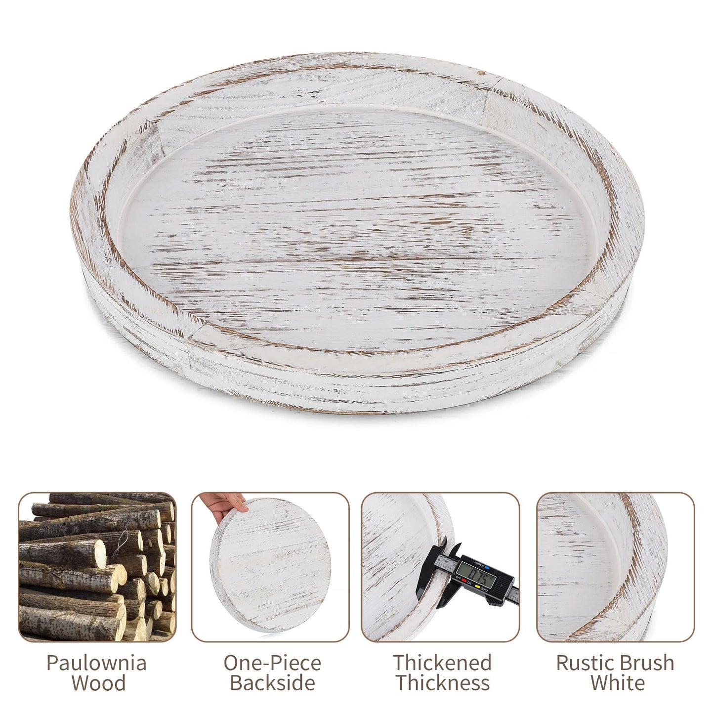 Hanobe Candle Plate Holder Tray: Round Wood Decorative Candle Plate - Rustic Farmhouse CoffeeTable Decor - Tealight Pillar Trays for Home Decor (White Rustic)