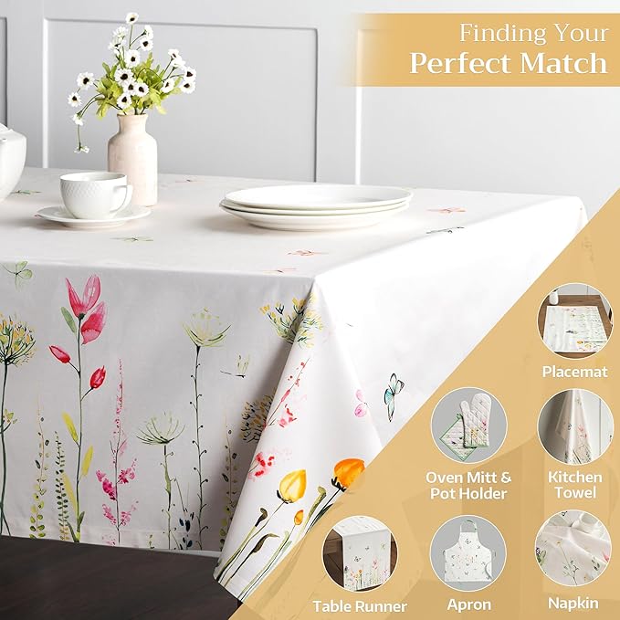 Maison d' Hermine Table Cloth Rectangle Table 100% Cotton 60 x 108 Inches Tablecloth Reusable Decorative for Dining Room, Farmhouse, Home, Party, Festive & Wedding Spring Summer - Botanical Fresh
