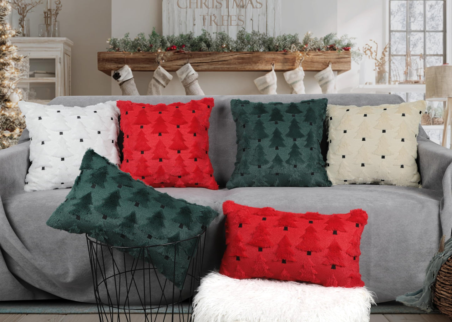 4TH Emotion Christmas Trees Decorative Pillow Covers 18x18 Set of 2, Beige Soft Plush Faux Fur Farmhouse Throw Cushion Cases for Xmas Winter Holiday Home Decor