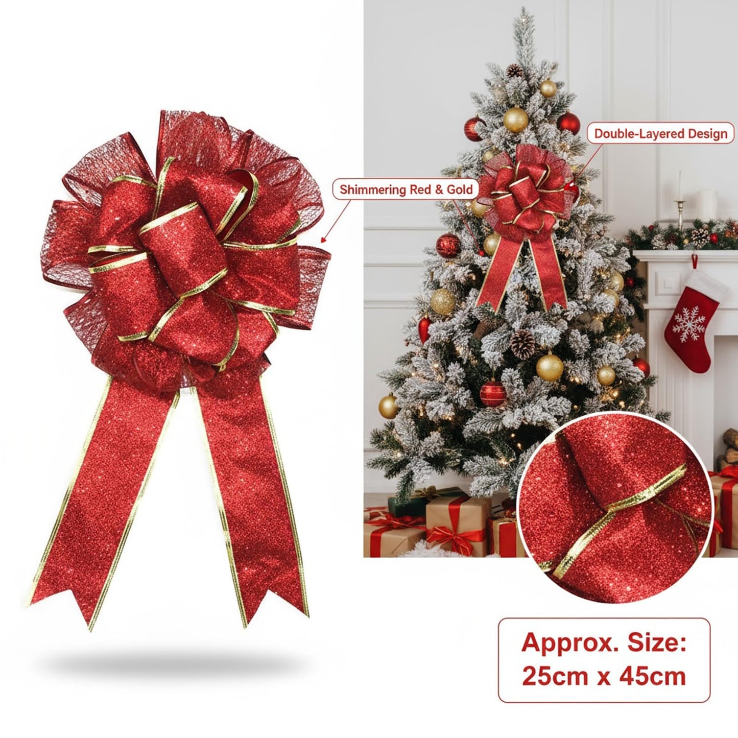 BinaryABC Valentine's Day Bows Decoration Ornaments,Christmas Tree Topper Bow(Red)