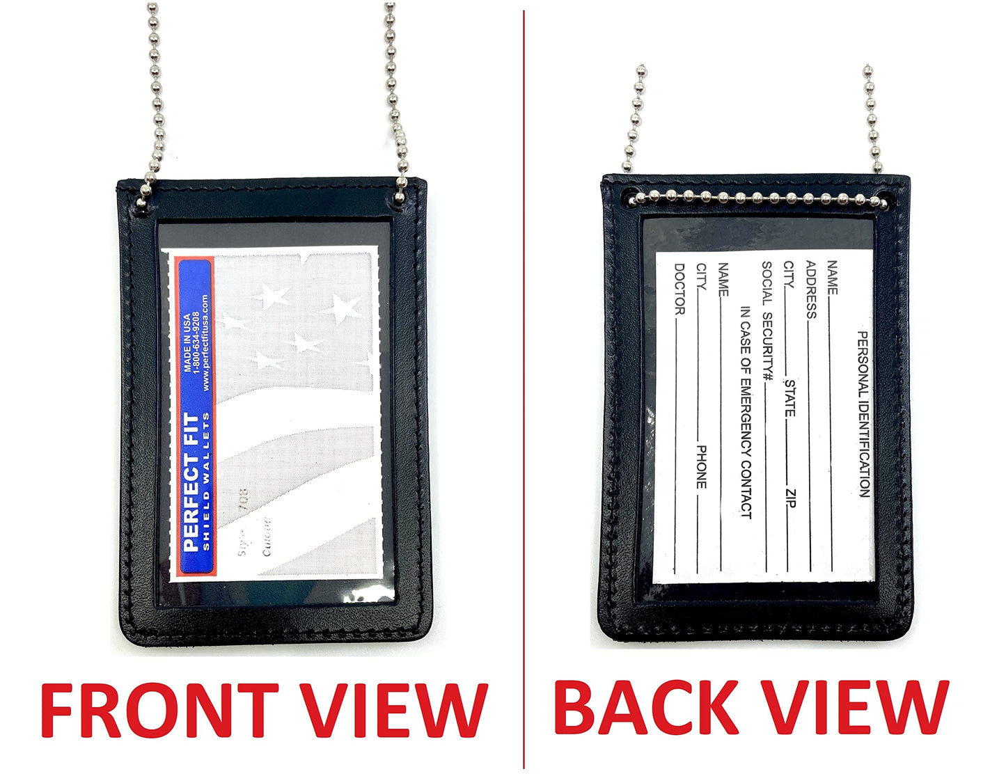 Neck Chain Double Sided ID Holder with 2 Clear Picture ID Windows, Leather Badge for Credential Pass to Wear Around The Neck for Police Law Enforcement, Business, Factory Worker (Black) (Vertical)