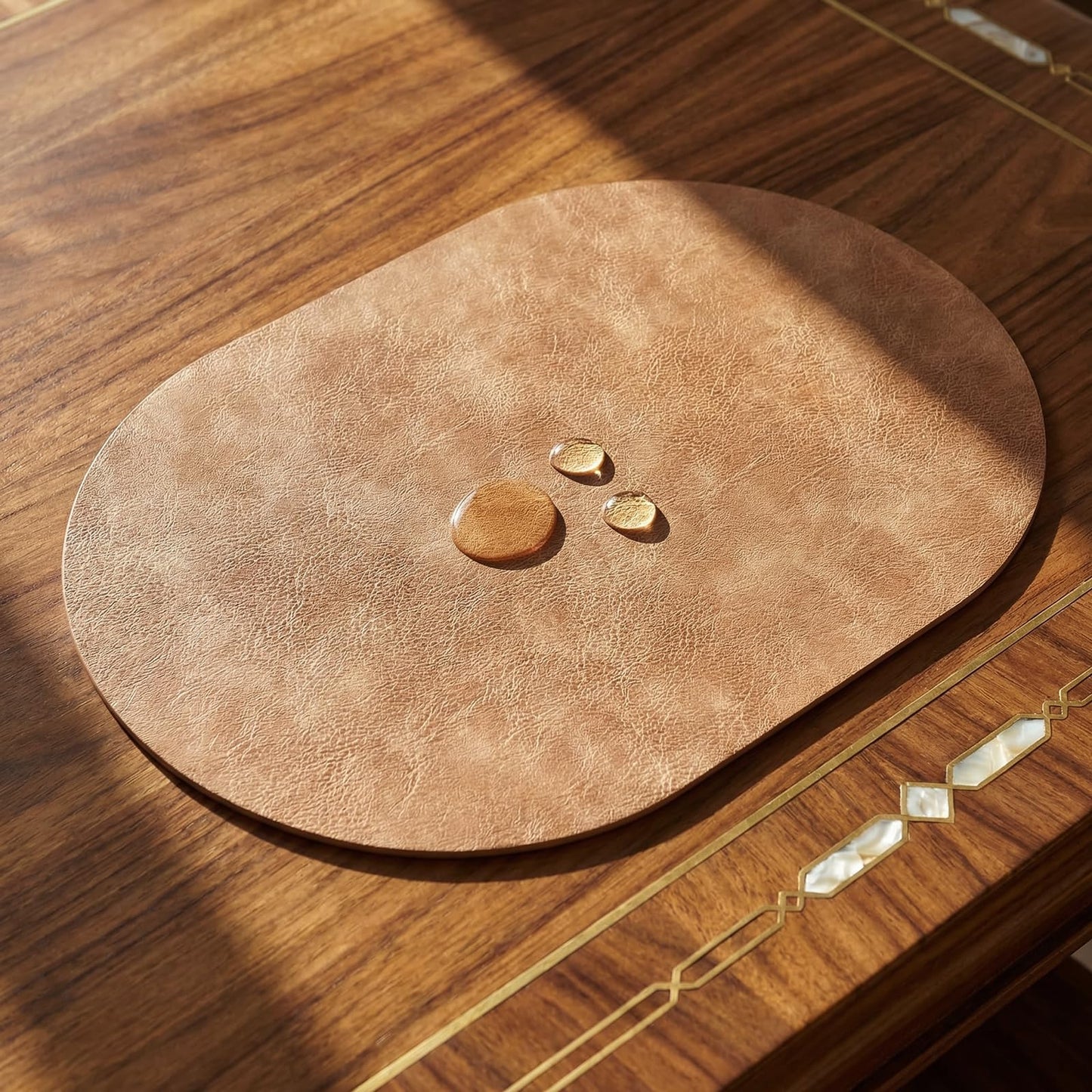 BIPASION Oval Placemats 2mm Ultra Thick Faux Leather Table Mats, Heat Resistant Waterproof Wipeable Dining Mats for Kitchen Table, Set of 6, Soft Apricot