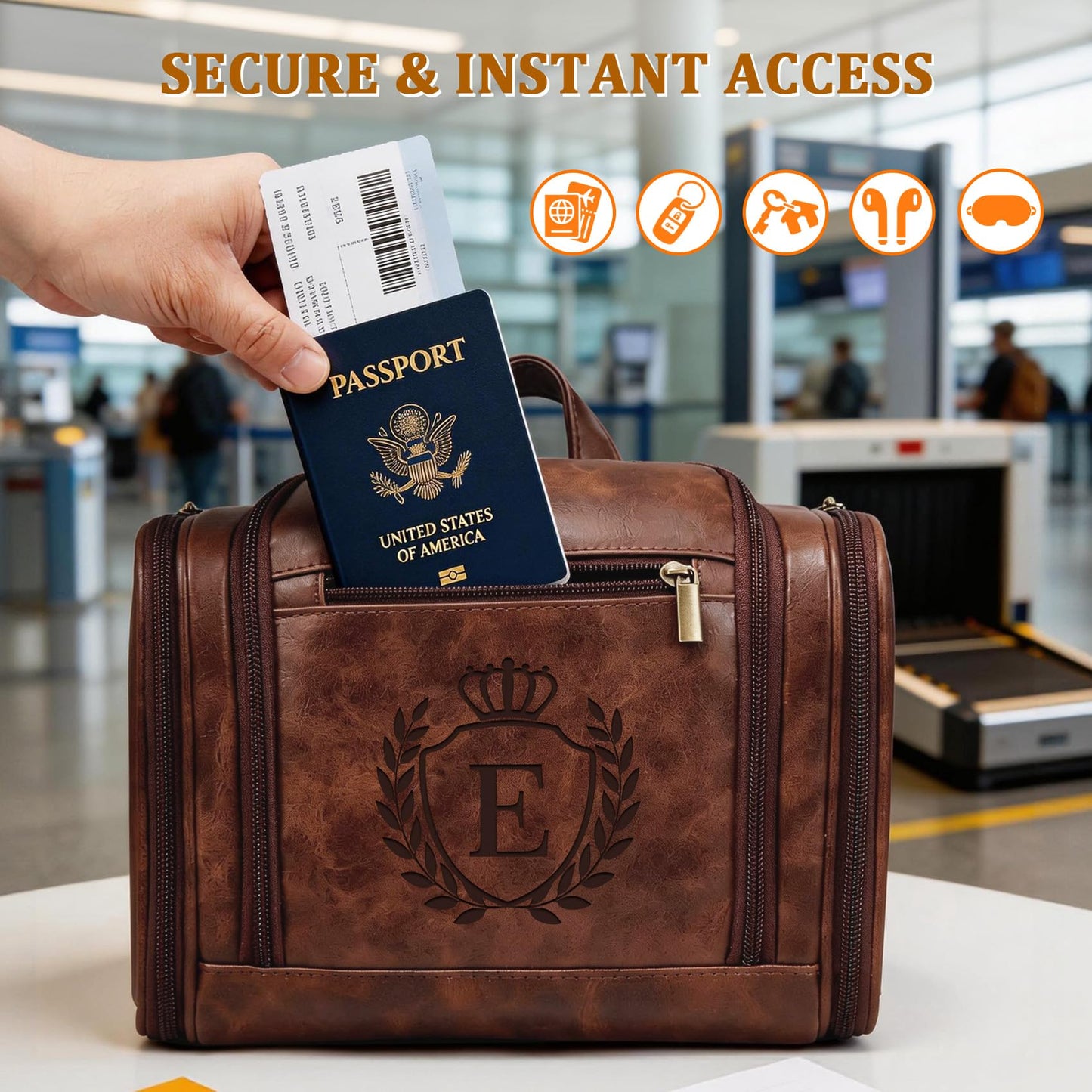 Aganmi Personalized Easter Birthday Gifts for Men Large Leather Travel Toiletry Bag Hanging Shaving Dopp Kit, Mens Traveling Essentials Accessories Organizer Case Cognac Brown Initial Letter E