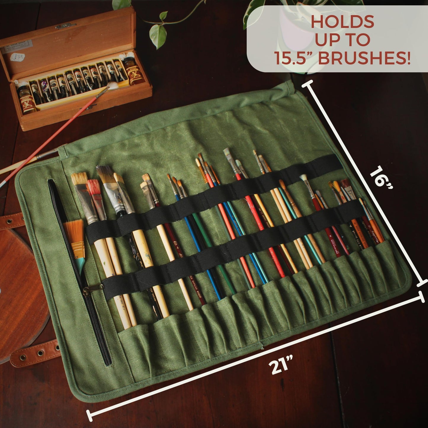 Earth & Fiber Co. Waxed canvas paint brush holder - Art bag for painting, drawing & art supplies - Painting supplies for adults - Storage roll bag for artists